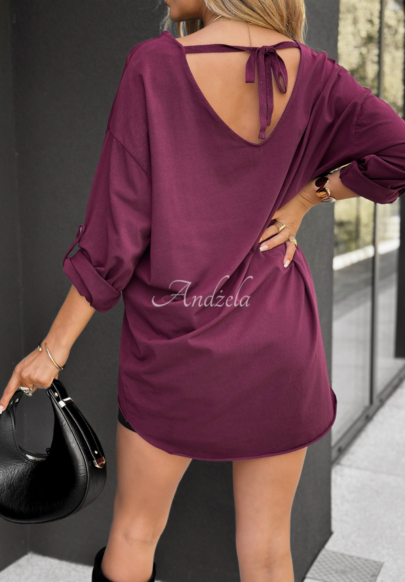 Asymmetrische Bluse mit V-Ausschnitt Back Soon Burgunderrot