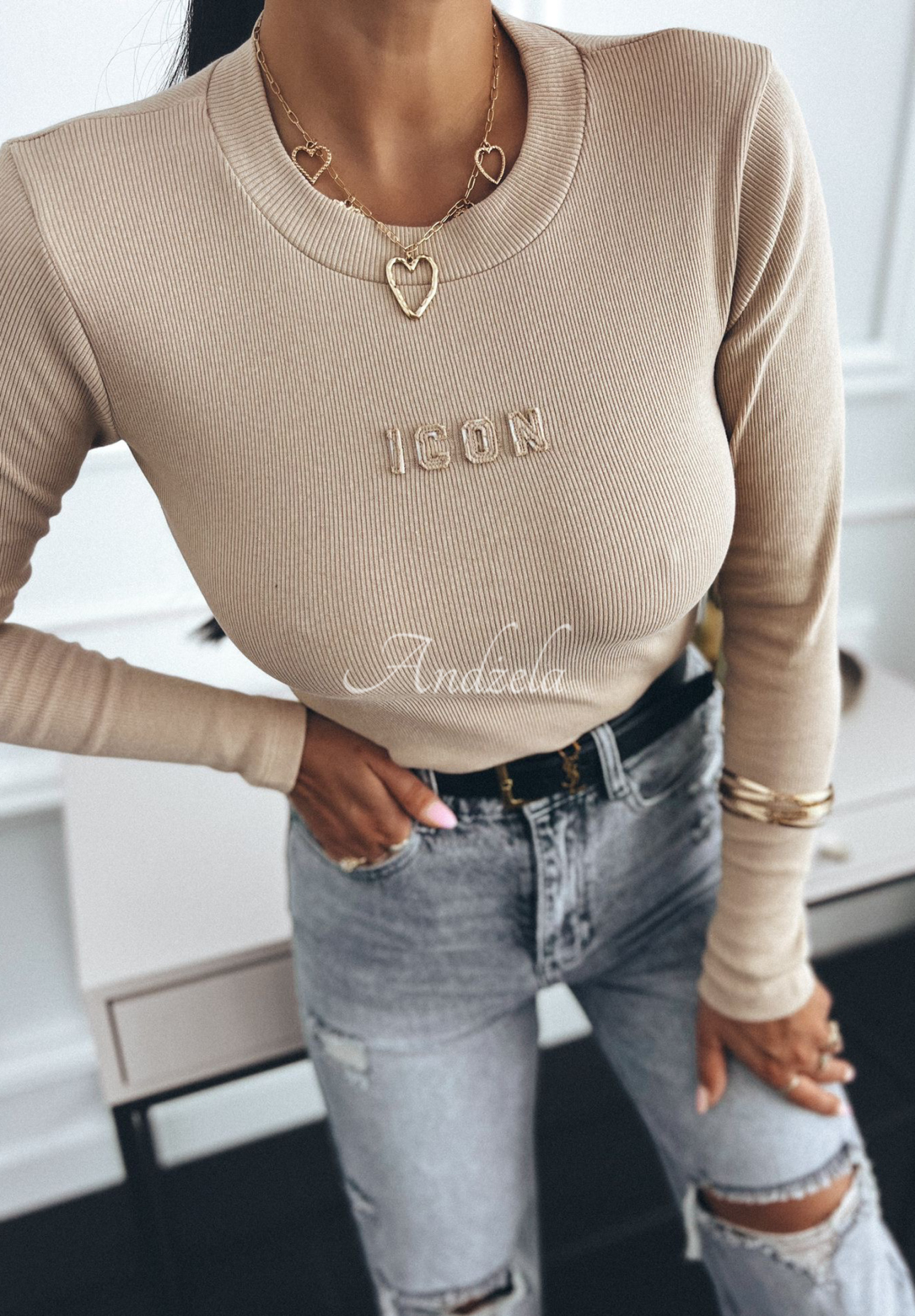 Gerippte Langarmbluse Icon Beige