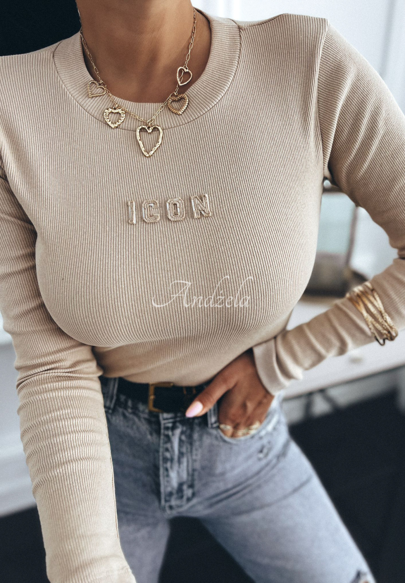 Gerippte Langarmbluse Icon Beige