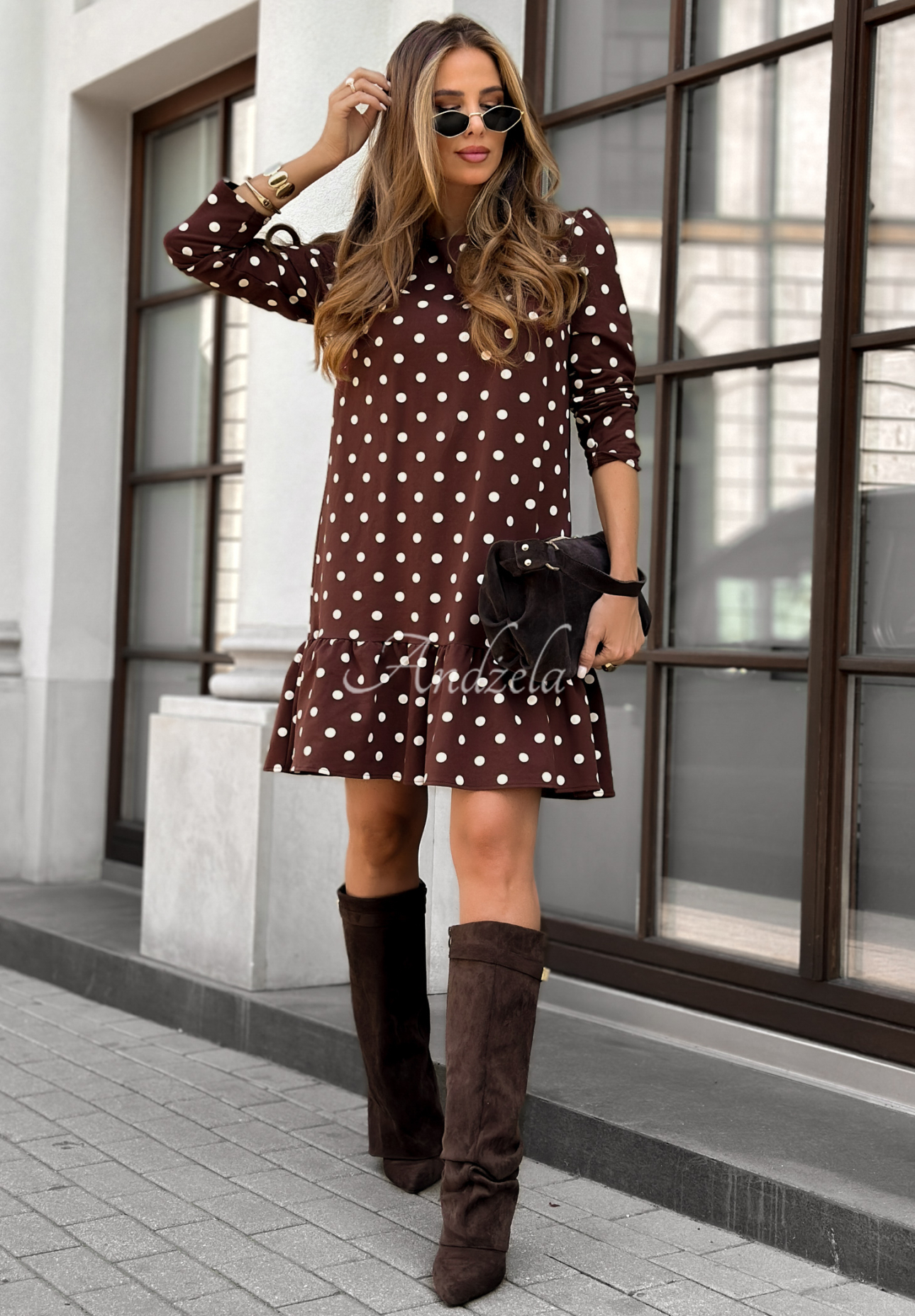 Polka Dot Kleid mit Rüschen Never Posted Schokoladenbraun