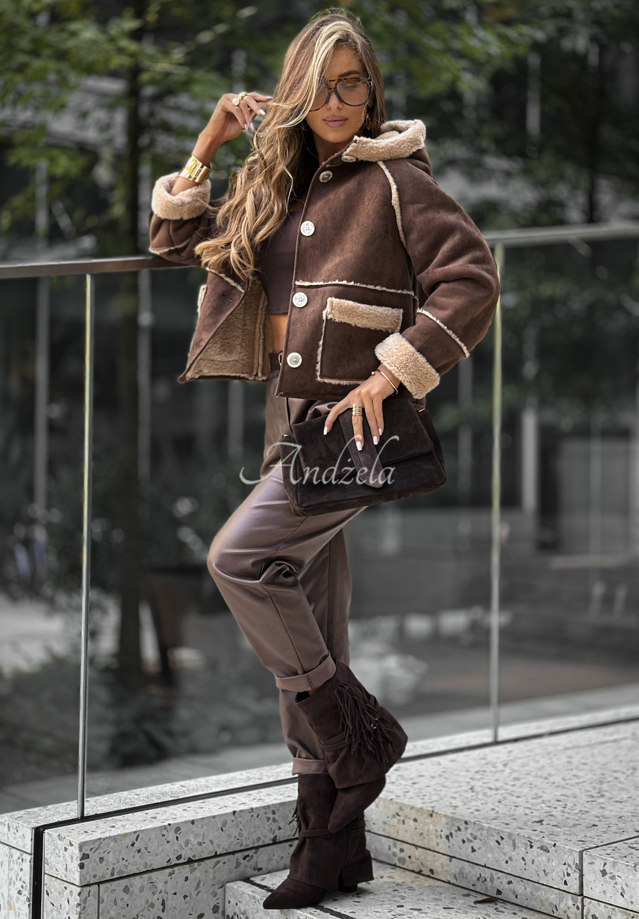 Kurze Wildlederjacke mit Schaffellfutter Pine Canyon Schokoladenbraun