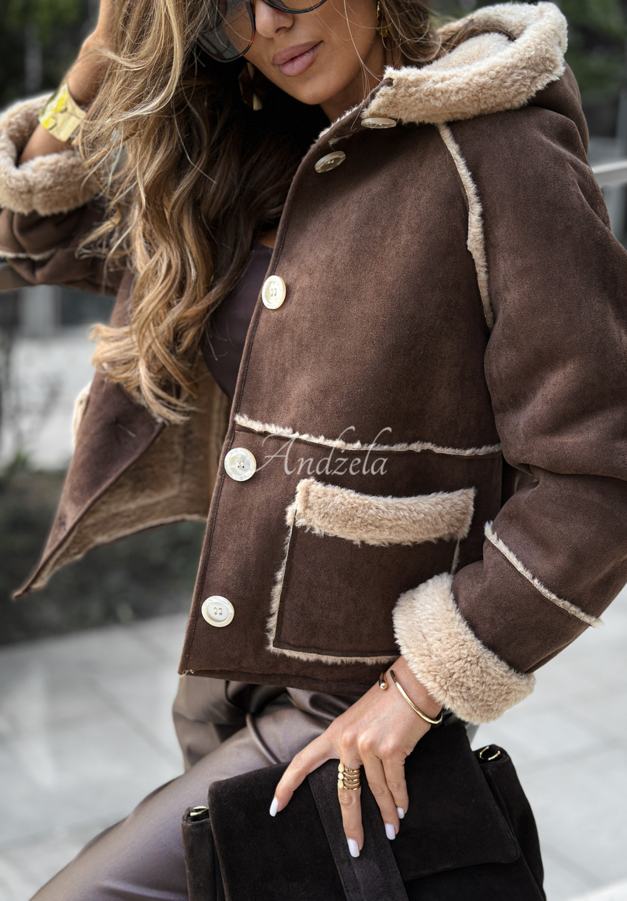 Kurze Wildlederjacke mit Schaffellfutter Pine Canyon Schokoladenbraun