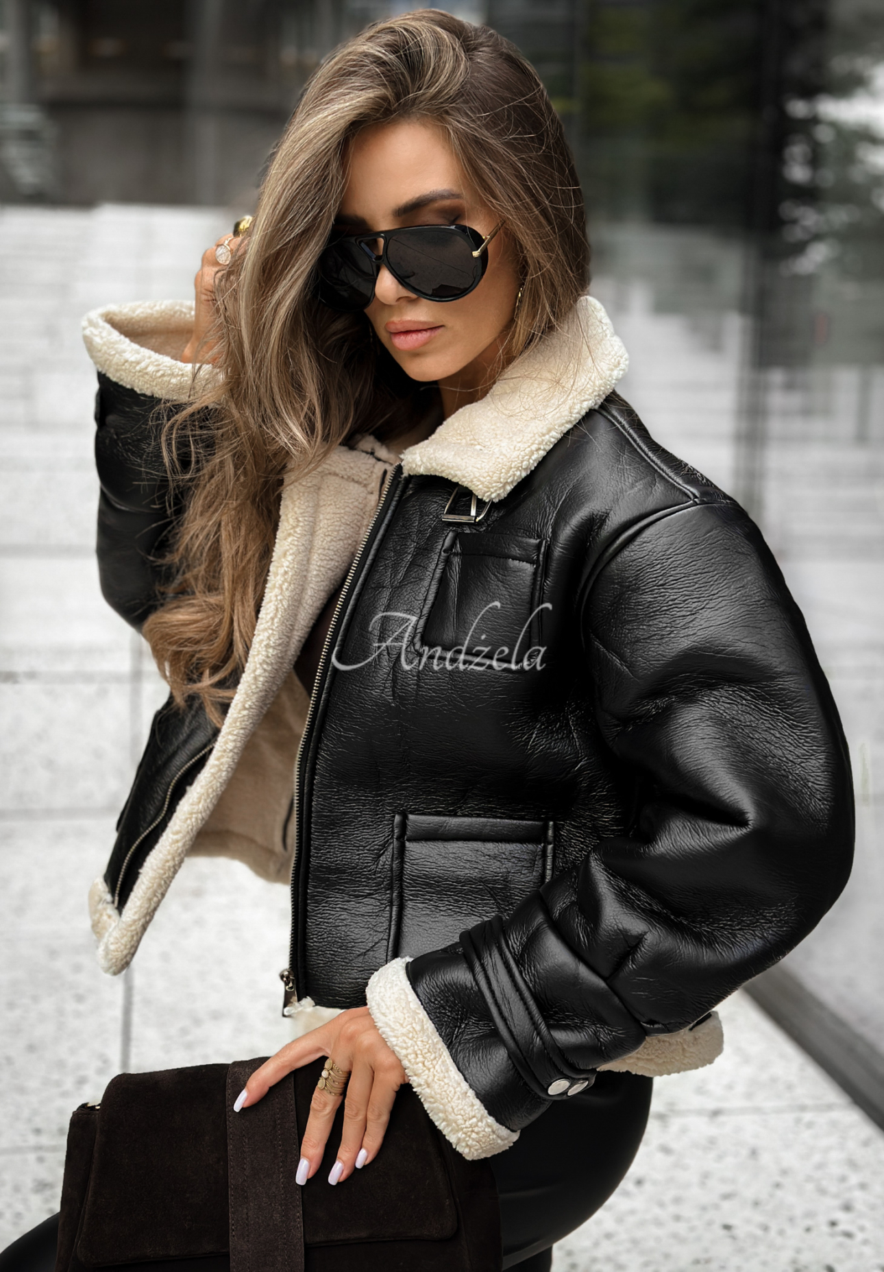 Kurze Lederjacke mit Schaffell Austins Mill Schwarz