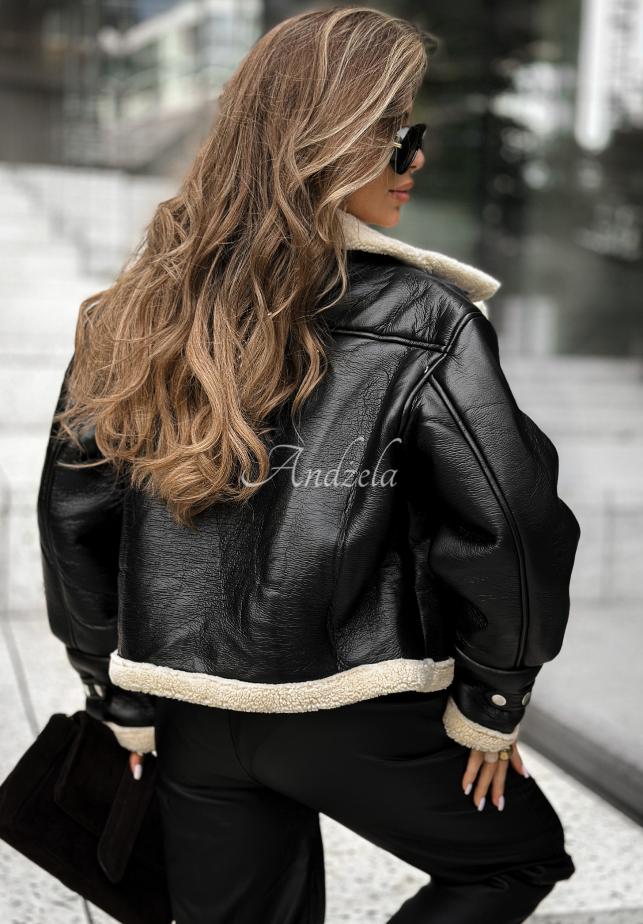 Kurze Lederjacke mit Schaffell Austins Mill Schwarz