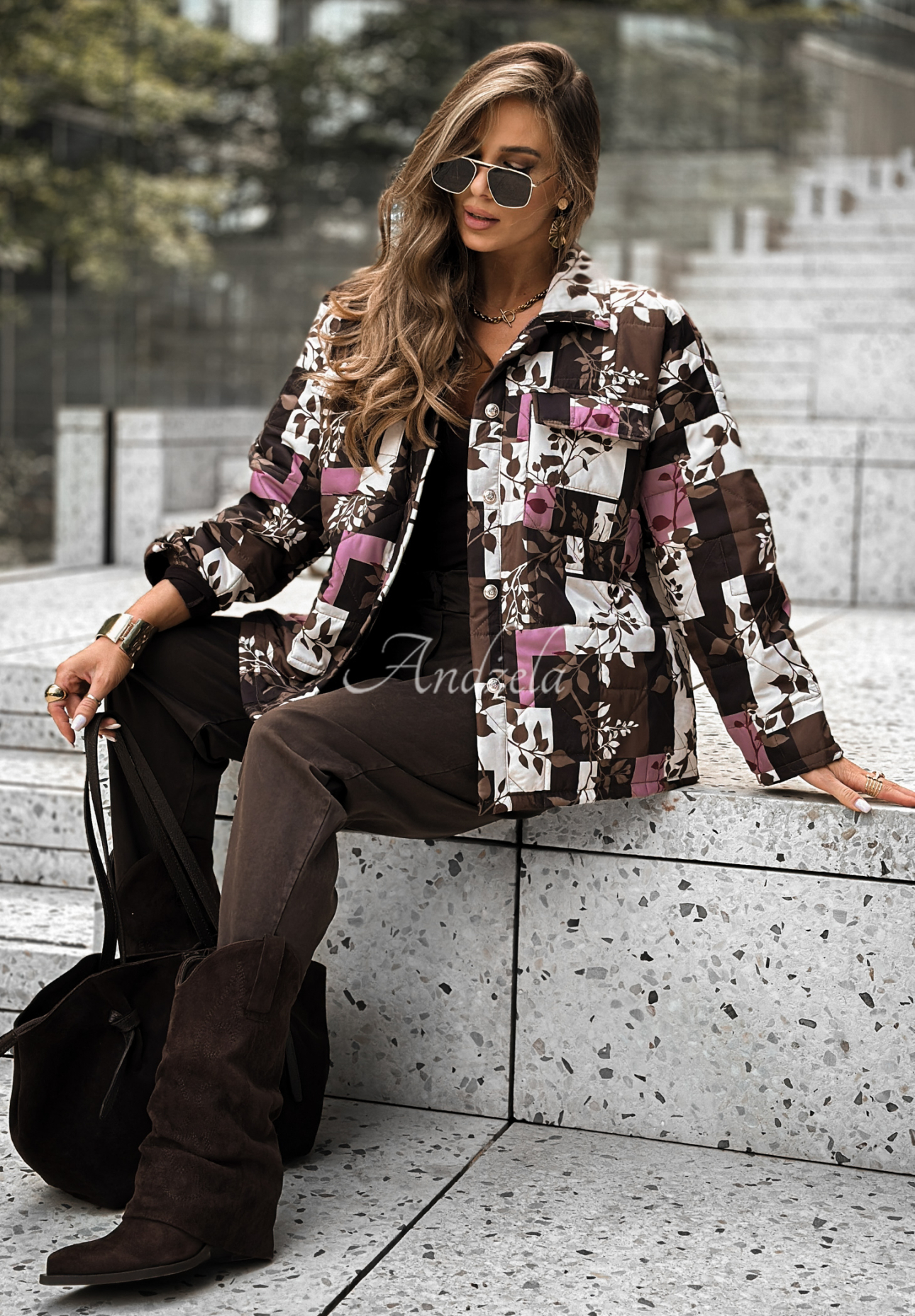 Steppjacke mit Blumenmuster Flowers For Fall schokobraun-Weiß