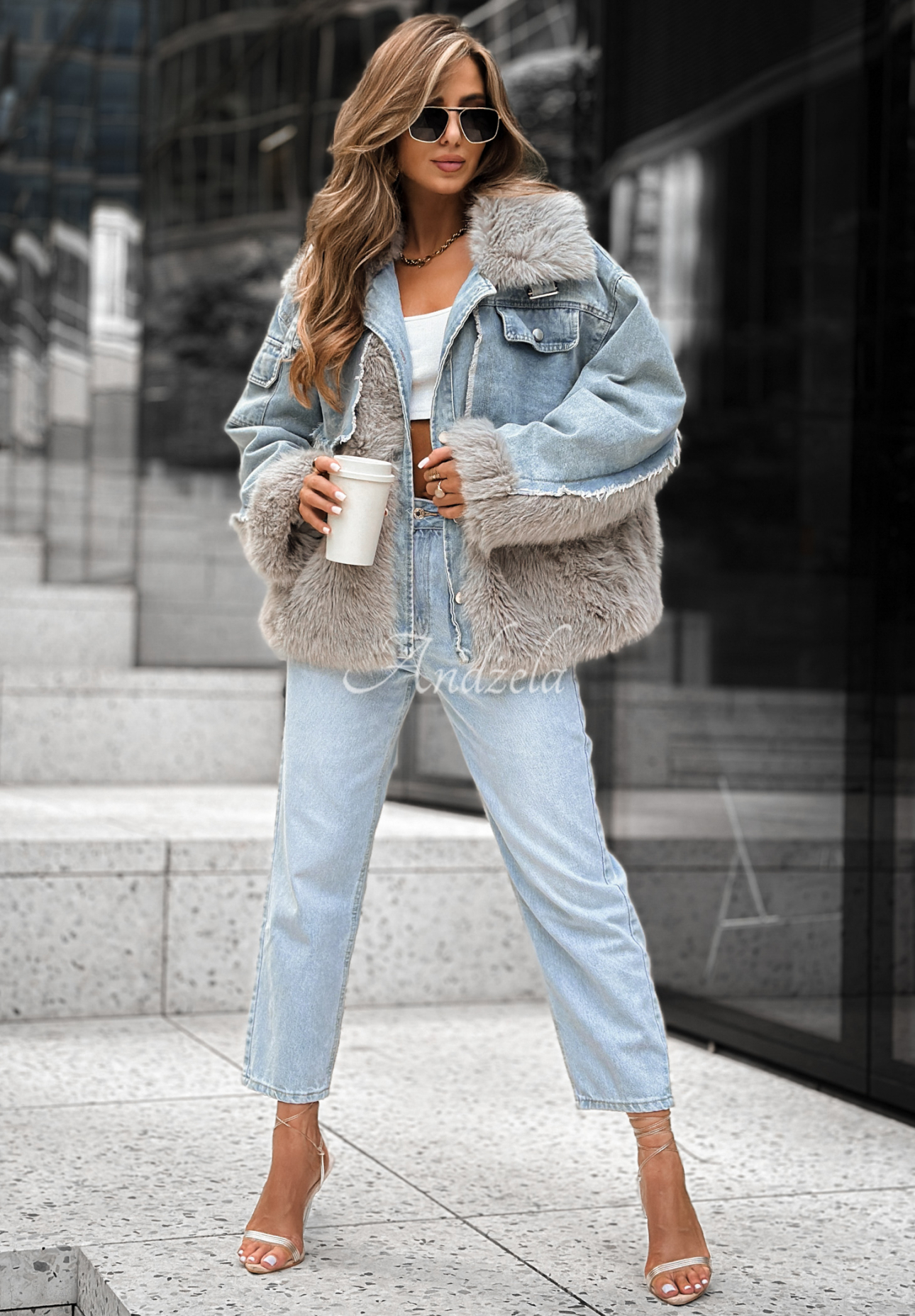 Jeansjacke mit Fell Next Question grau-blau