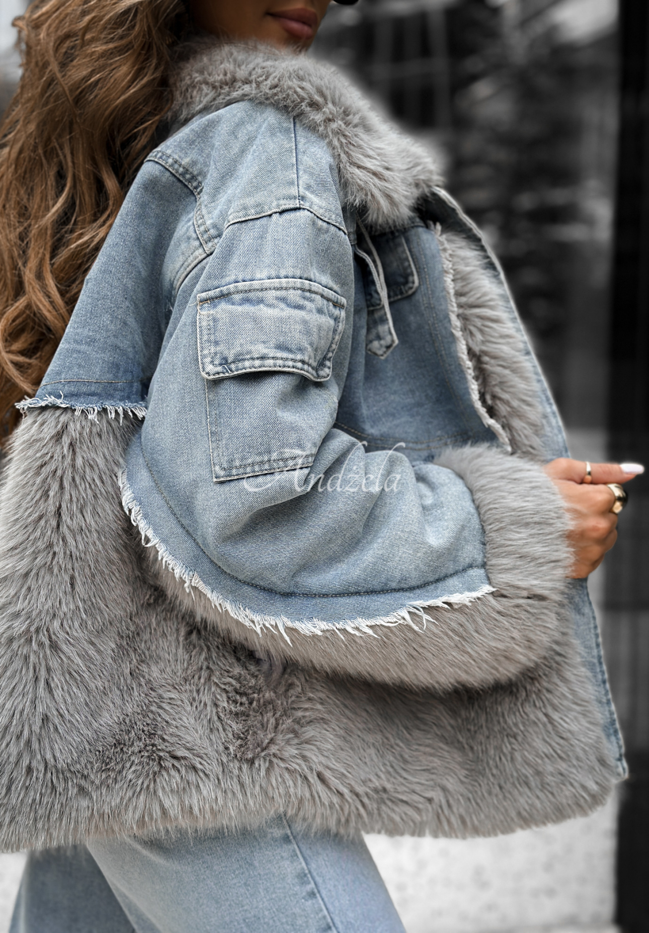 Jeansjacke mit Fell Next Question grau-blau