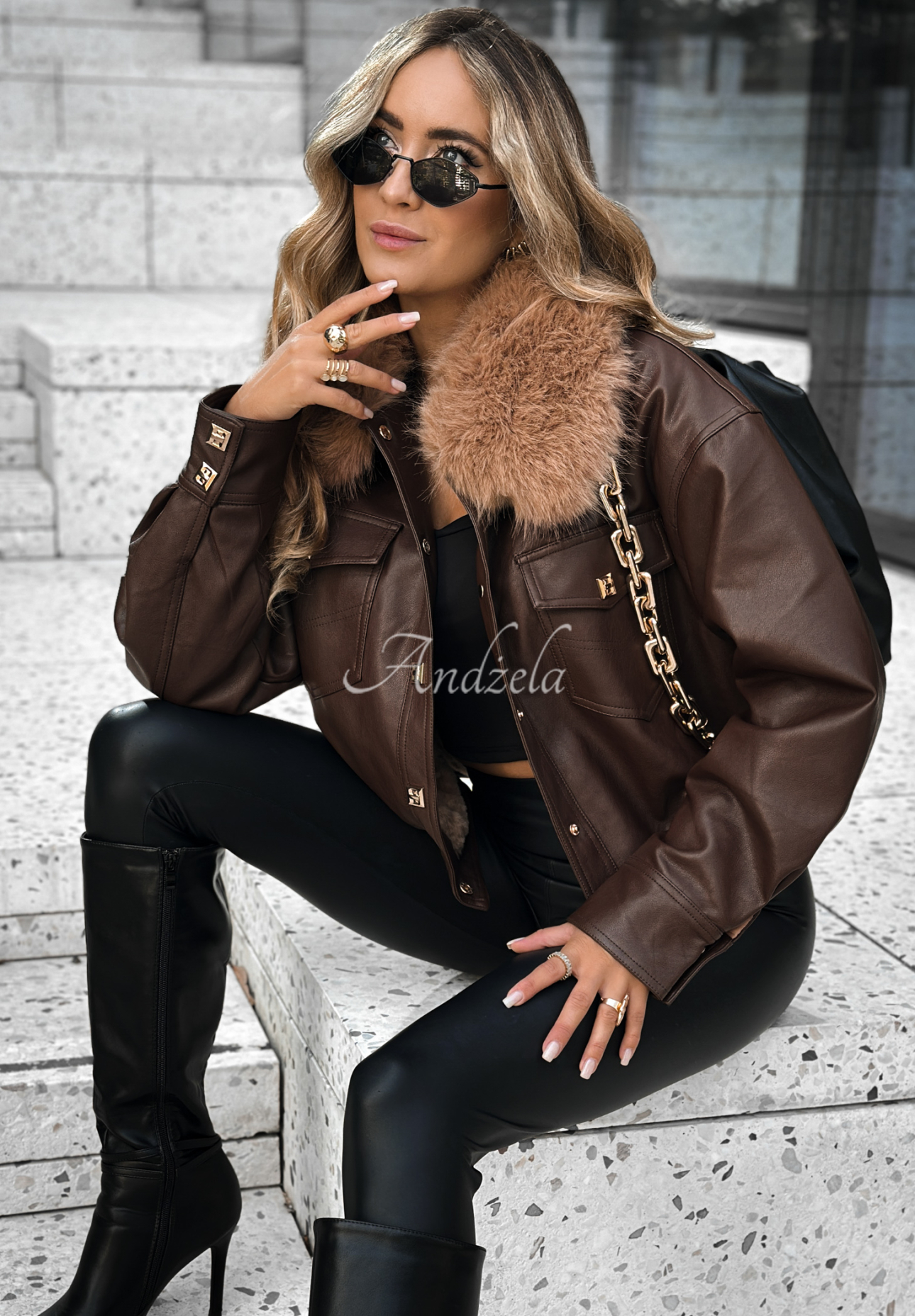 Kurze Lederjacke mit Fell It Doesn&#039;t Matter Schokoladenbraun