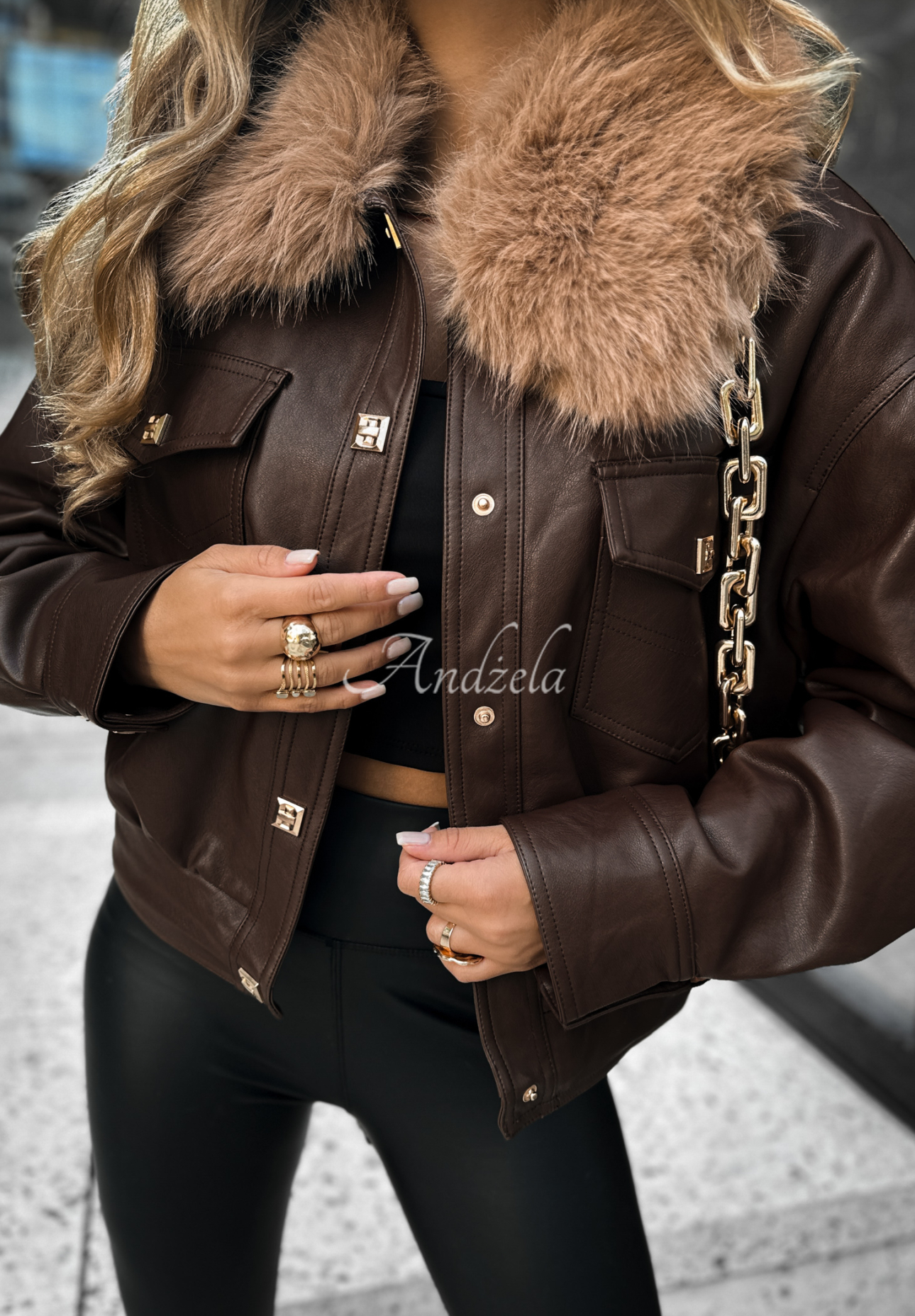 Kurze Lederjacke mit Fell It Doesn&#039;t Matter Schokoladenbraun
