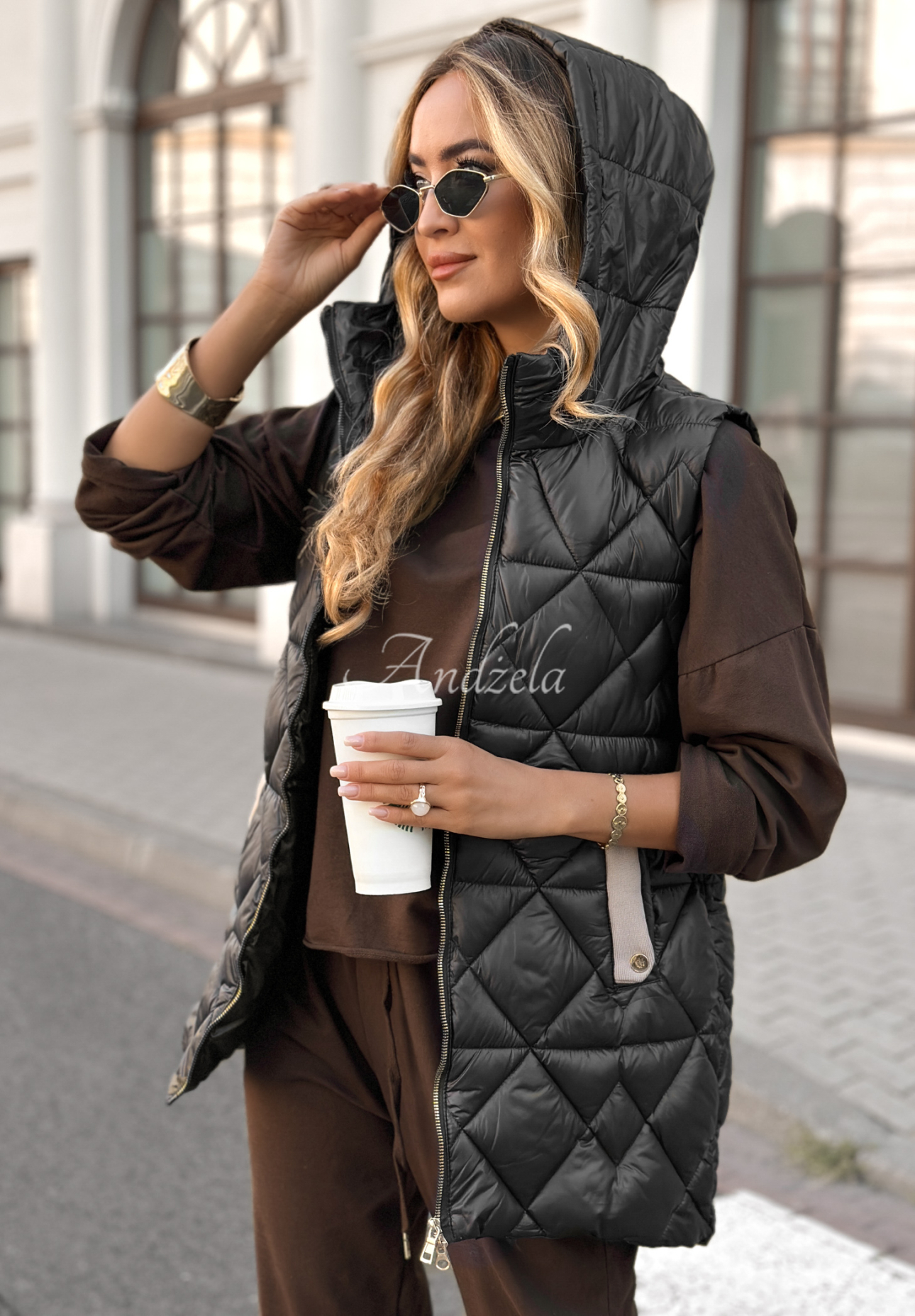 Lange Steppweste mit Kapuze Only You Know Schwarz