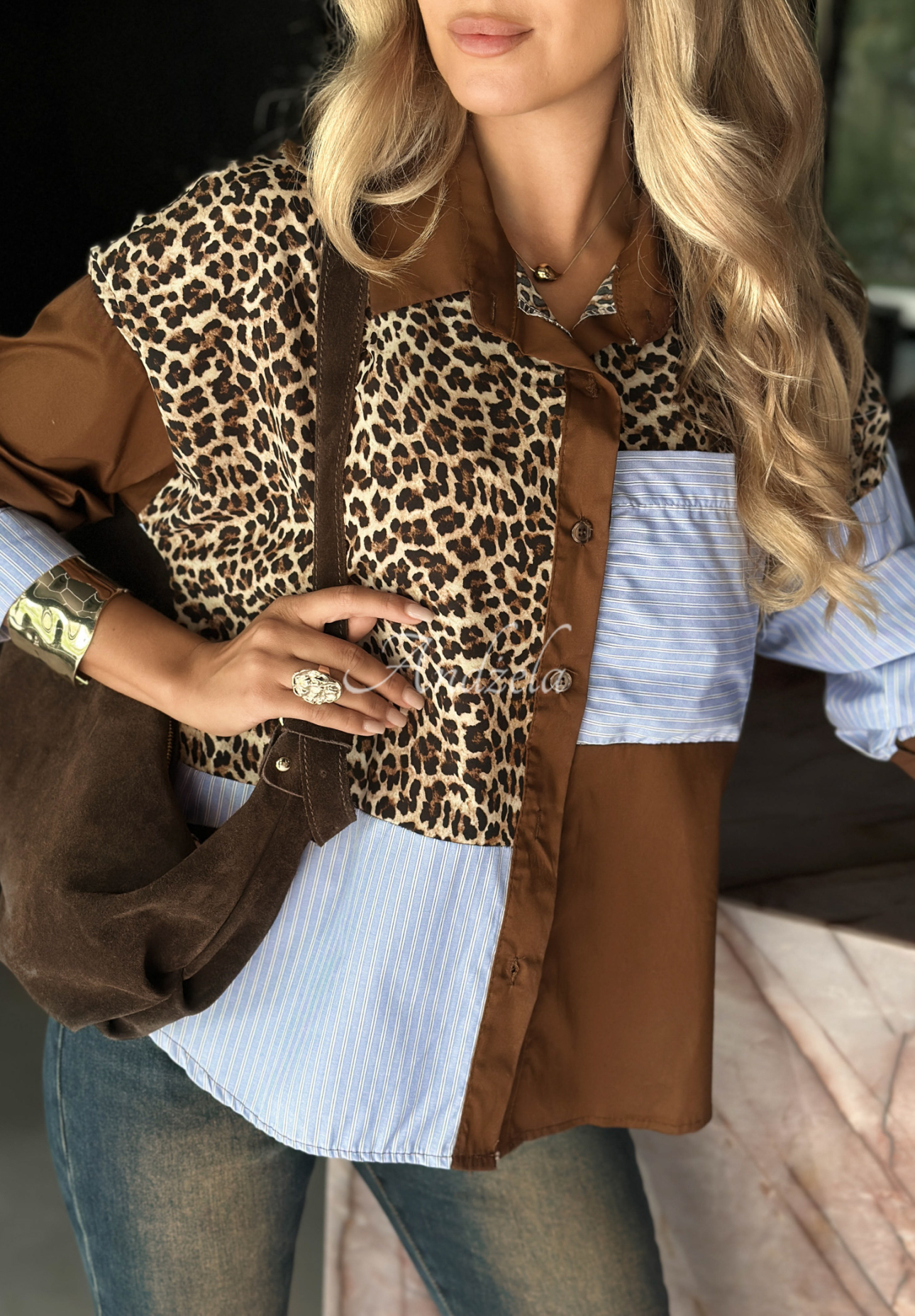 Hemd mit Leopardenmuster und Streifen Perfect Connection schokoladenbraun-blau