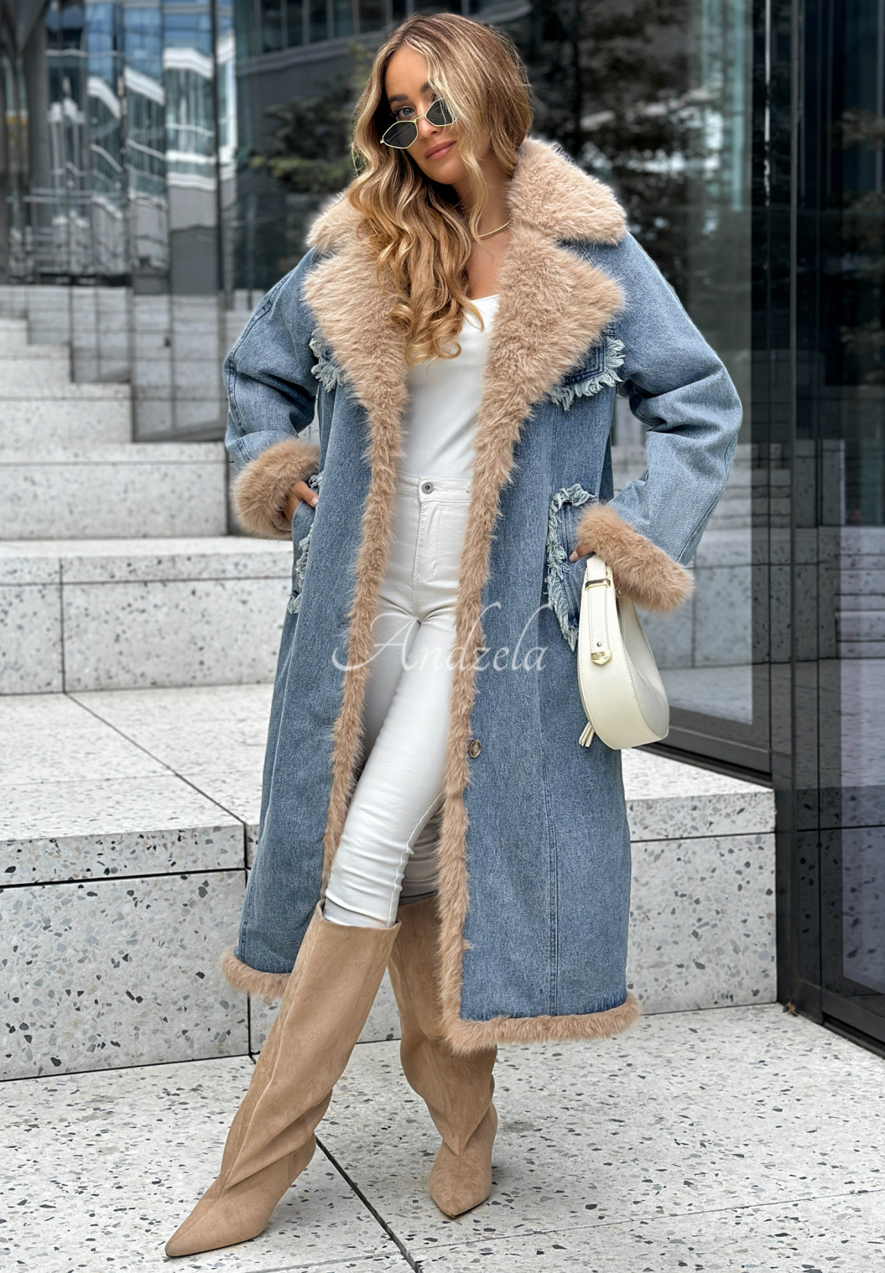 Langer Jeansmantel mit Pelz Just Landed Blau