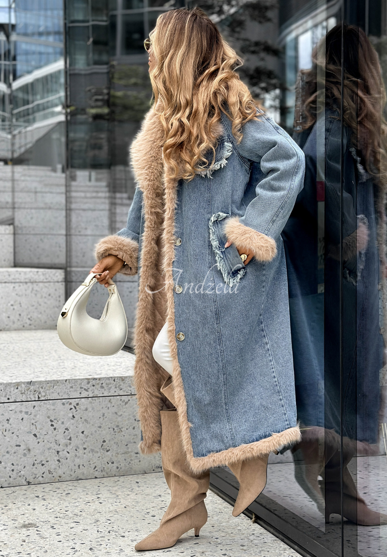 Langer Jeansmantel mit Pelz Just Landed Blau