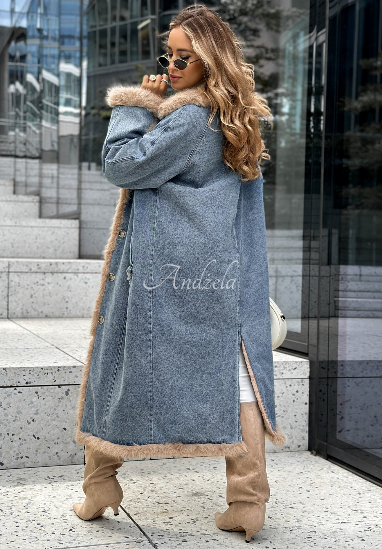Langer Jeansmantel mit Pelz Just Landed Blau
