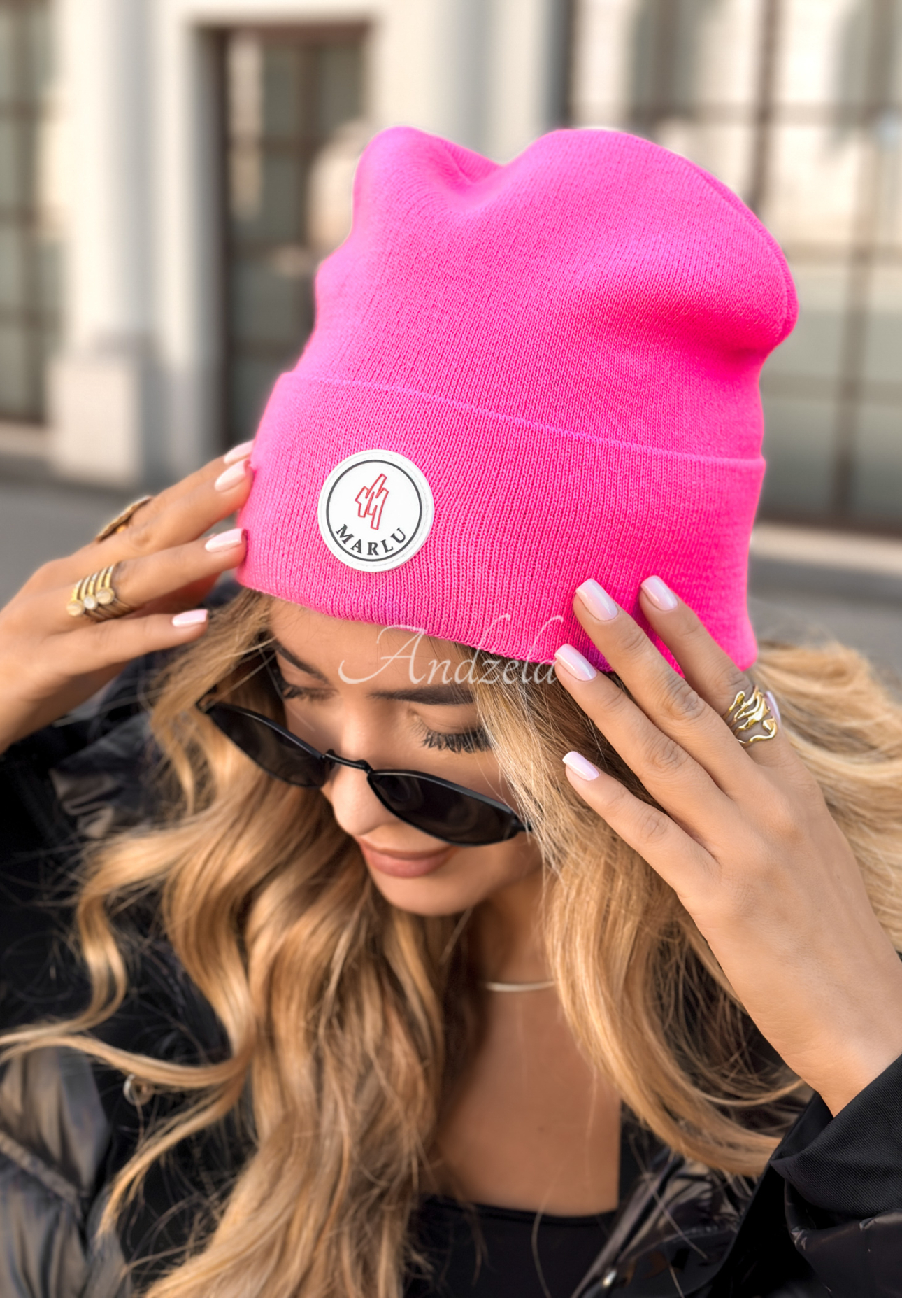 Mütze mit Patch Winter City Rosa