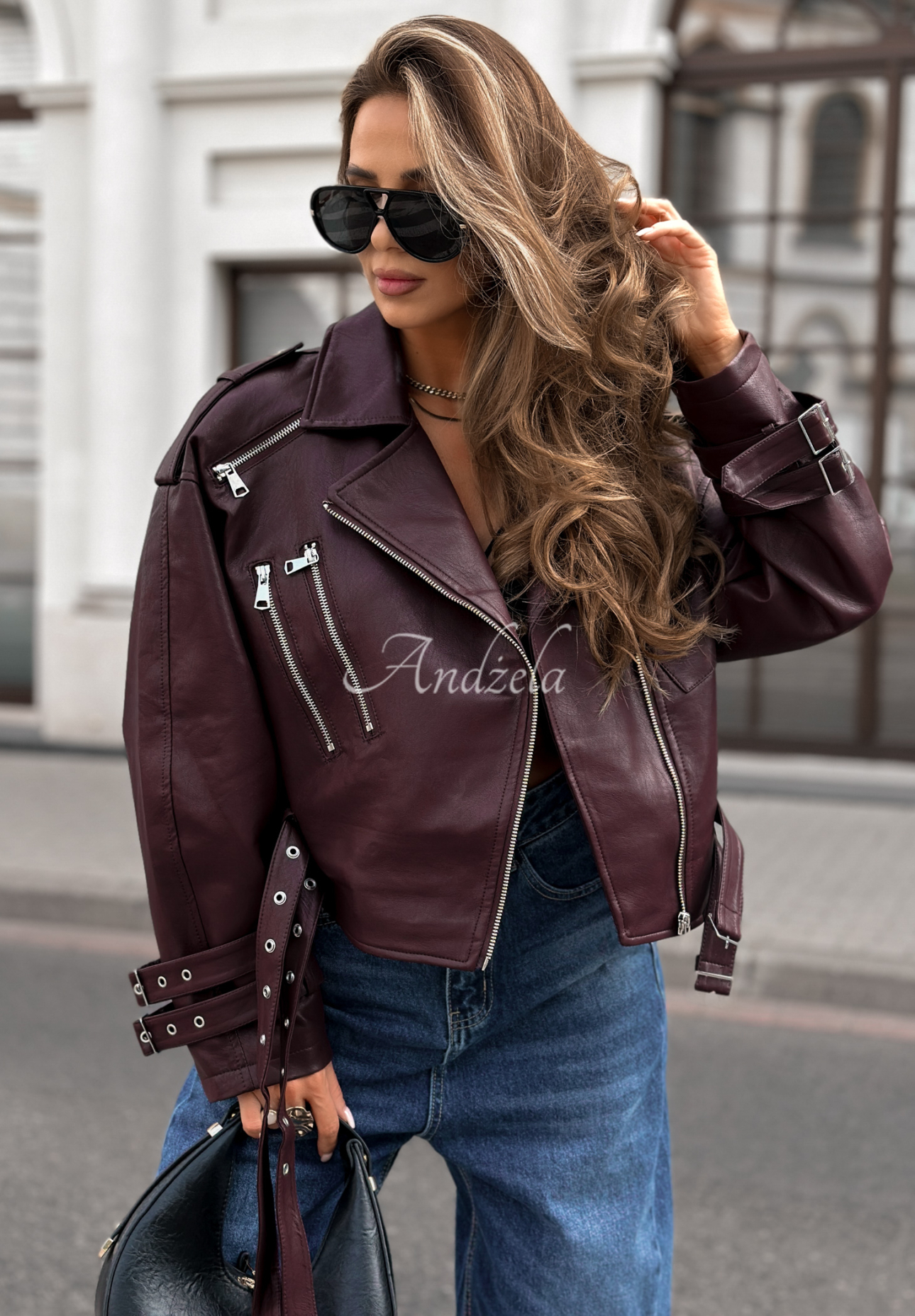 Kurze Bikerjacke aus Leder Not Your Girl Burgunderrot