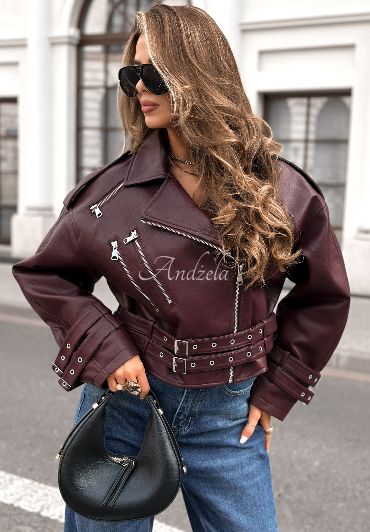 Kurze Bikerjacke aus Leder Not Your Girl Burgunderrot