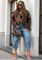 Krótka skórzana ramoneska Not Your Girl czekoladowa