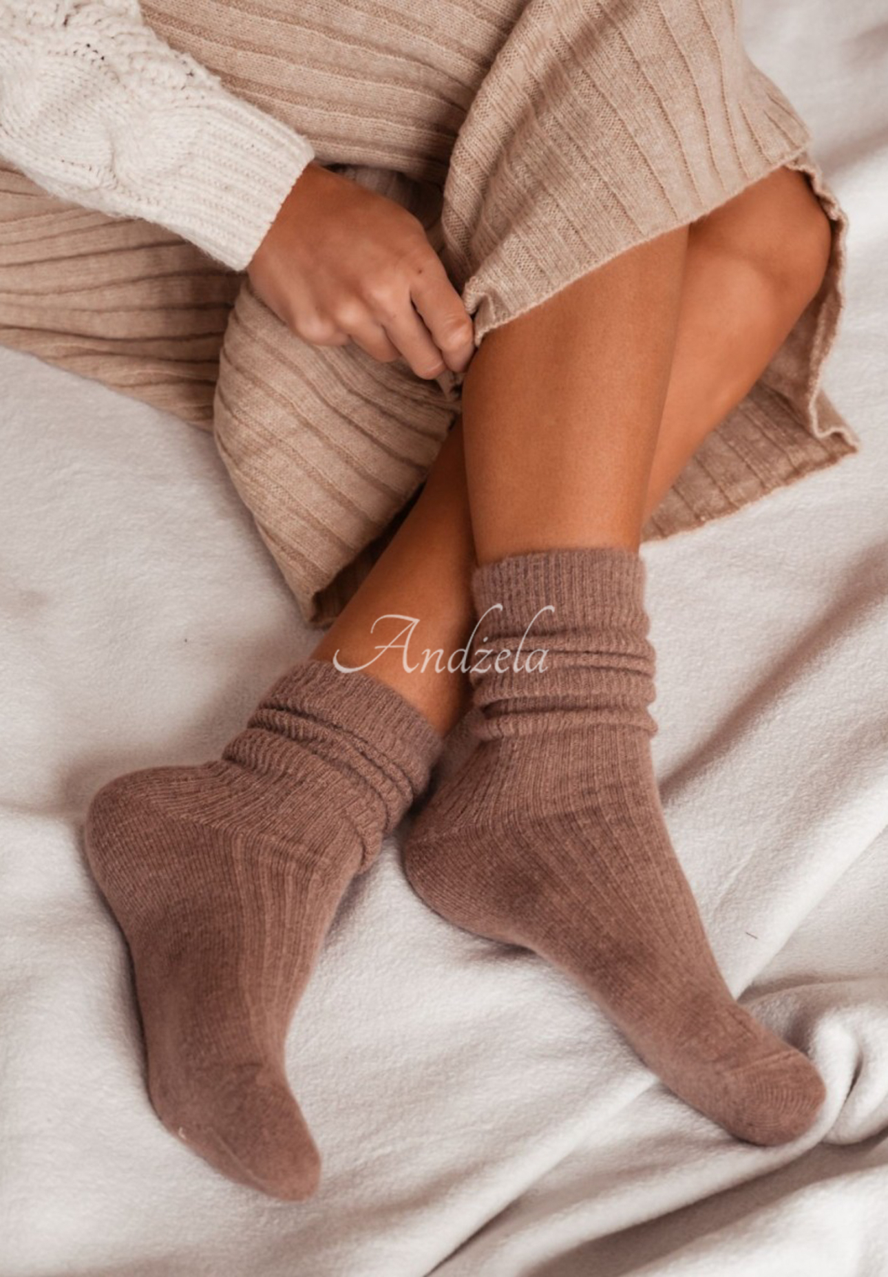 Lange Wollsocken aus Alpaka Blanket Season Schokoladenbraun