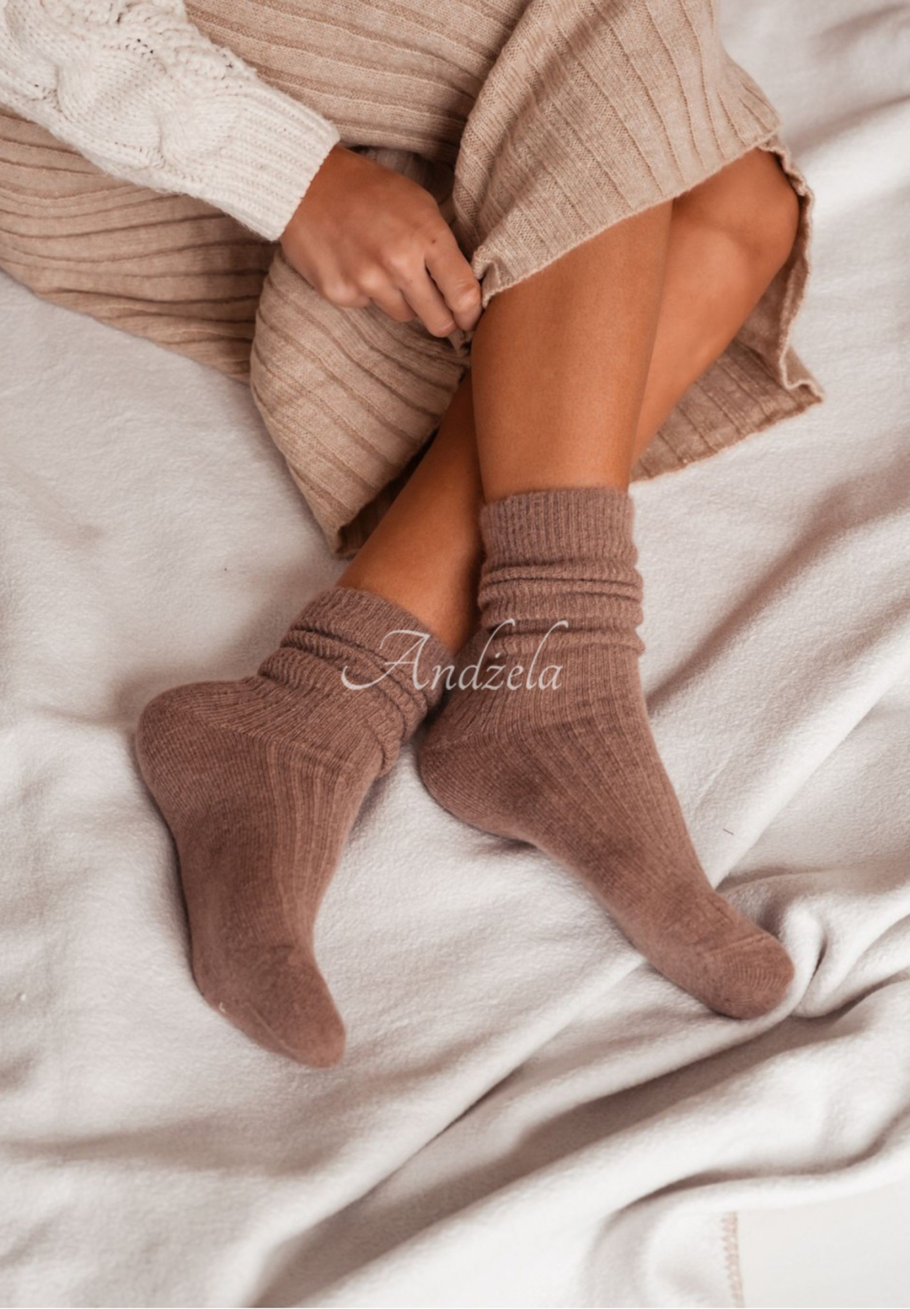 Lange Wollsocken aus Alpaka Blanket Season Schokoladenbraun