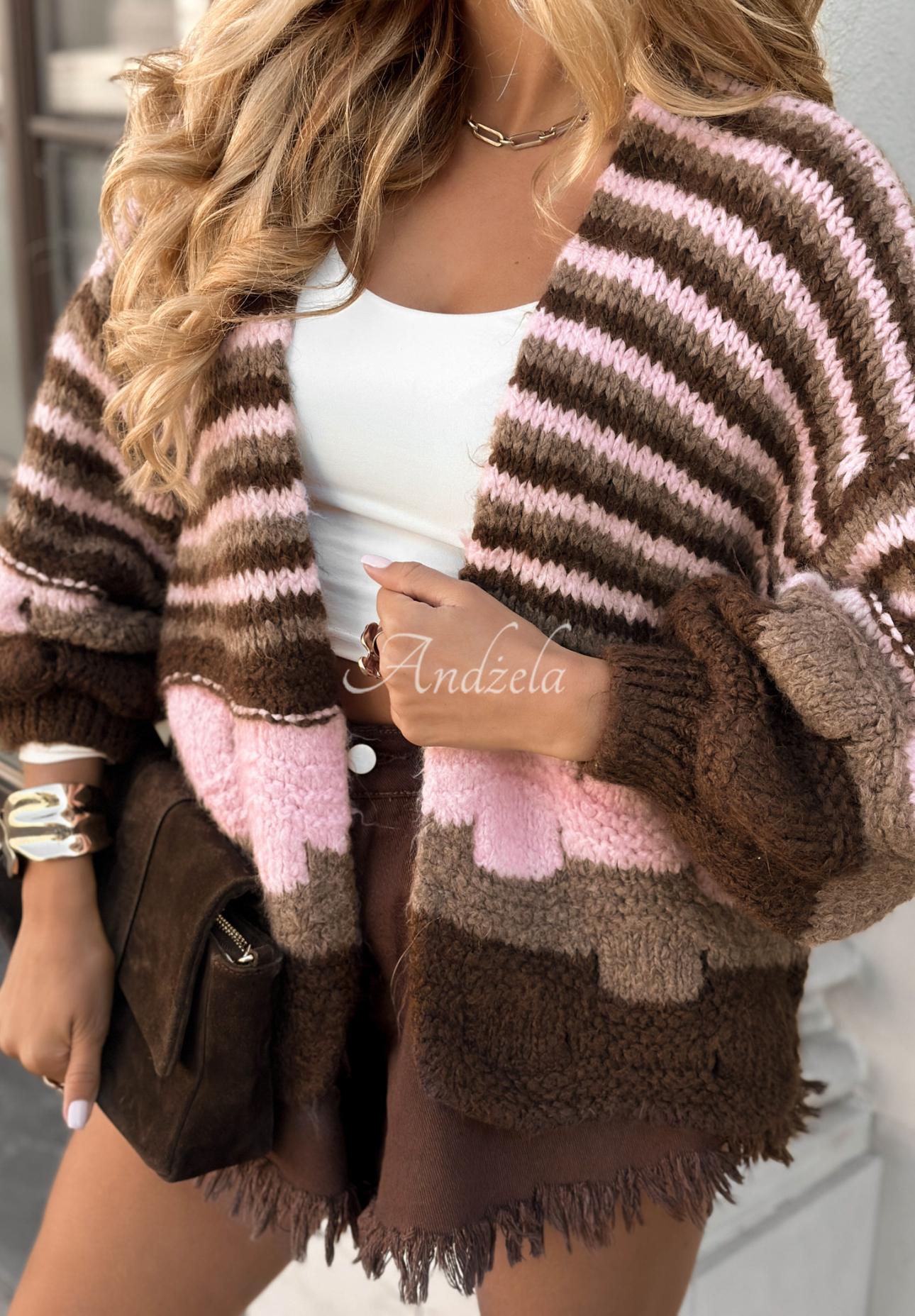 Kurzer Oversize Cardigan In Between Days schokoladenbraun-Rosa