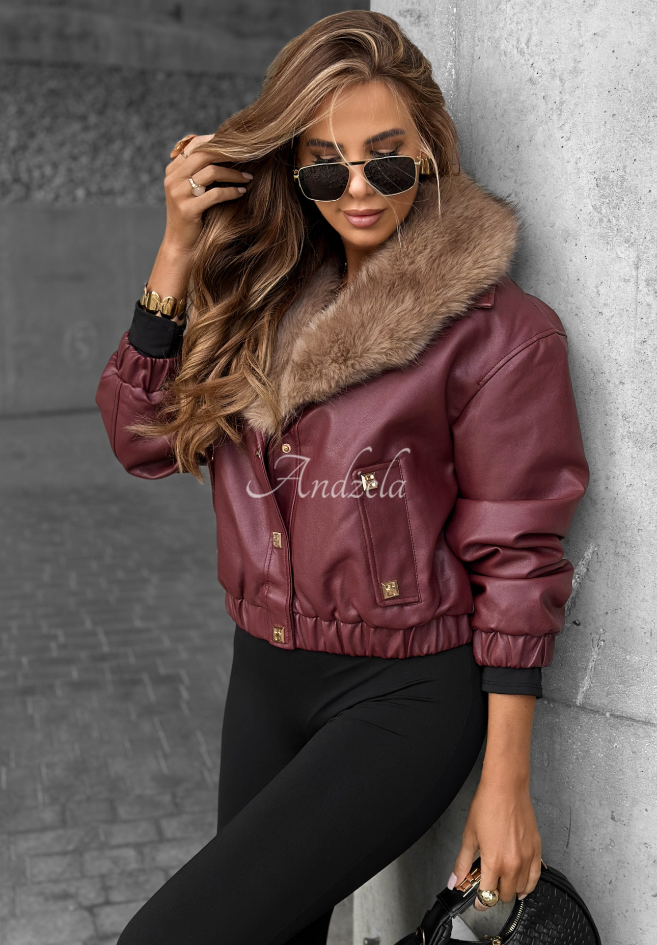 Lederjacke mit Pelz Time Disappears Burgunderrot