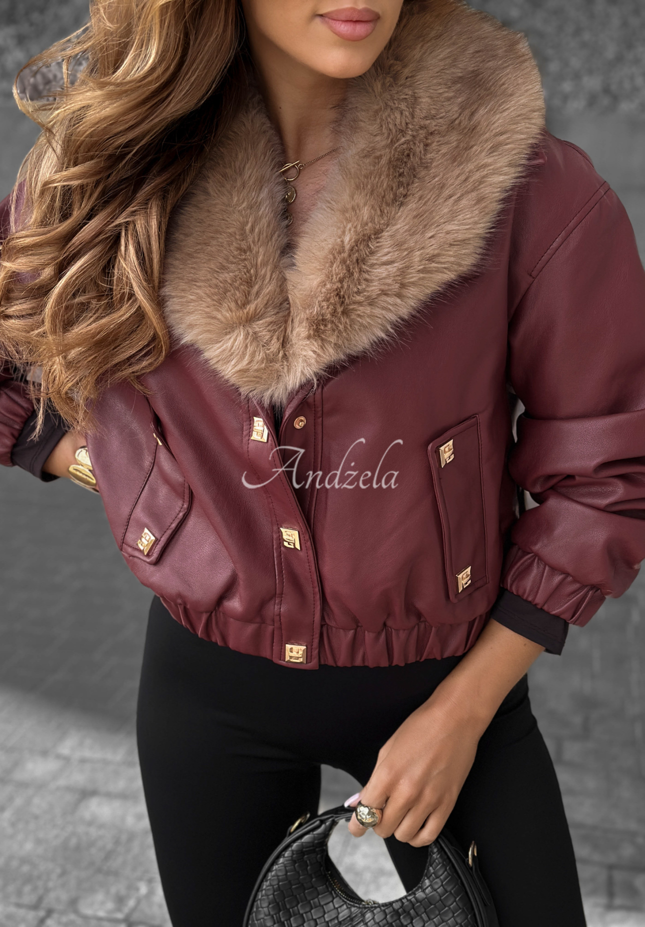 Lederjacke mit Pelz Time Disappears Burgunderrot