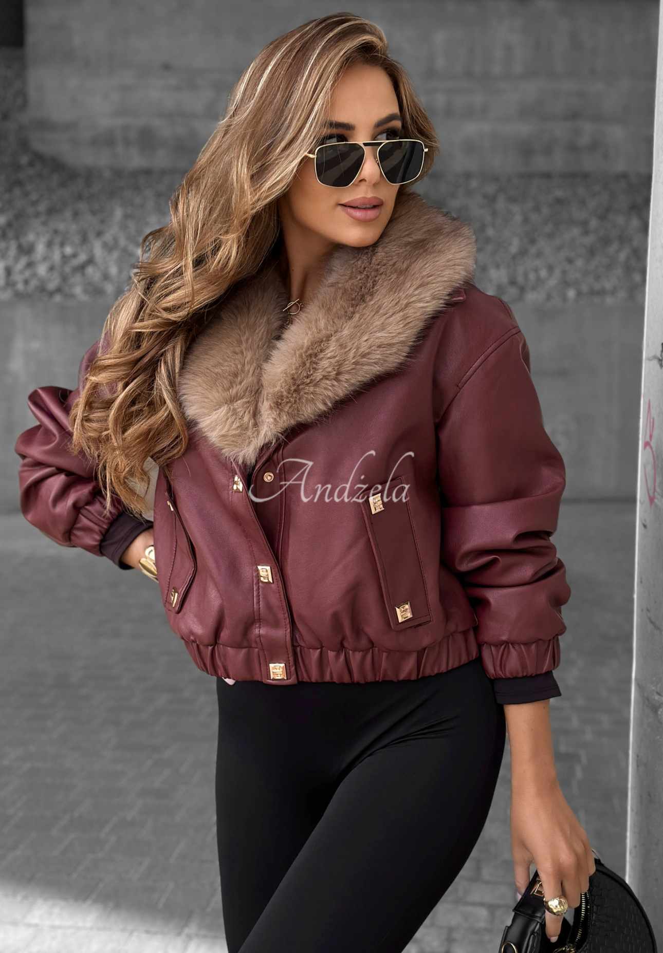 Lederjacke mit Pelz Time Disappears Burgunderrot