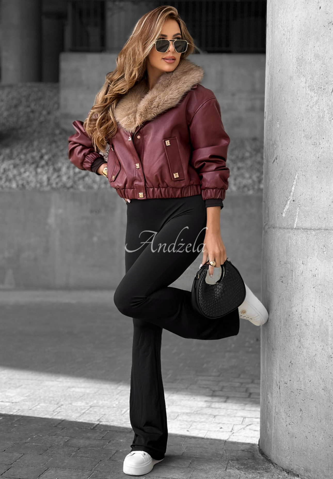 Lederjacke mit Pelz Time Disappears Burgunderrot