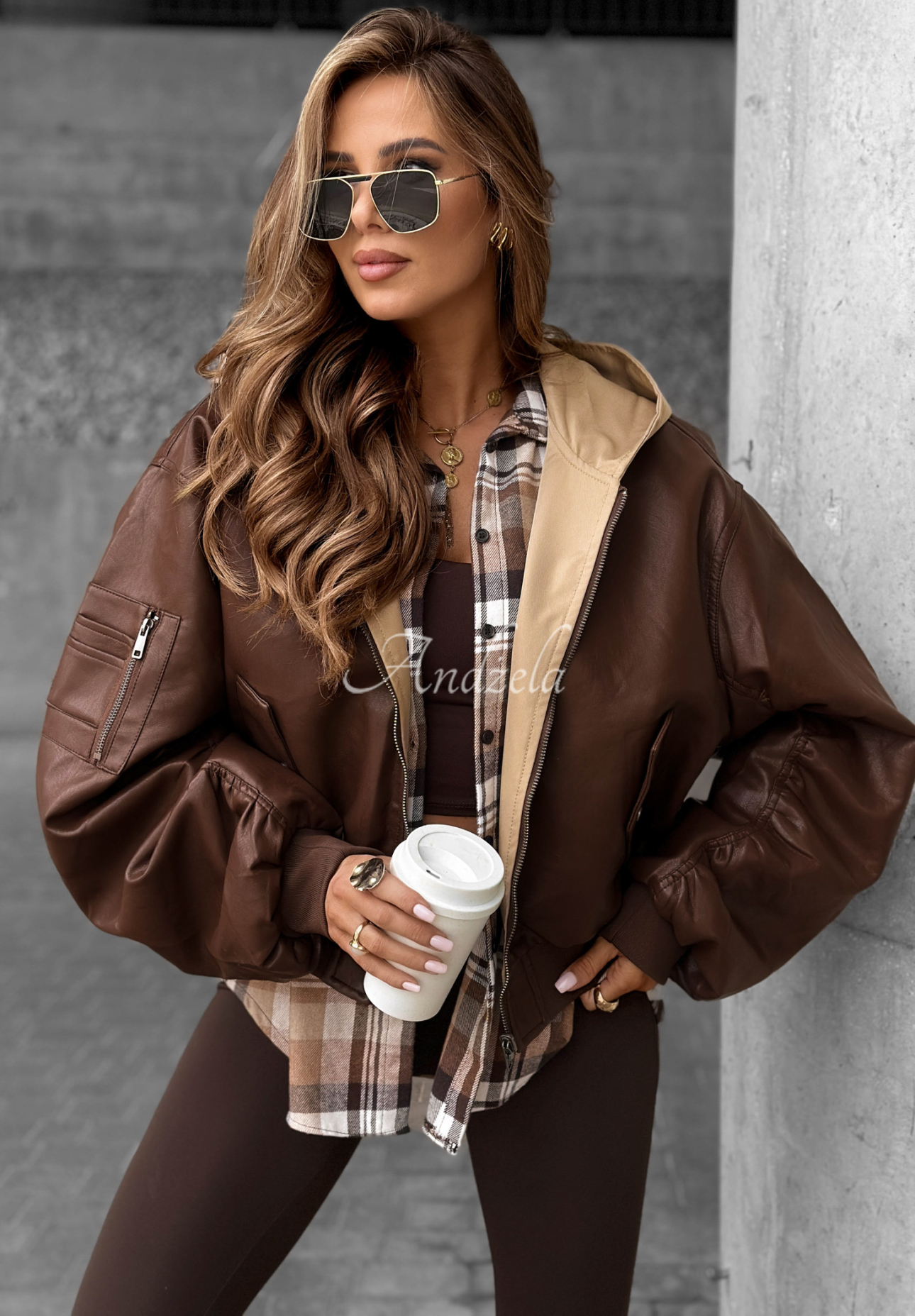 Wendbare Bomberjacke aus Leder Golden Thought Schokoladenbraun