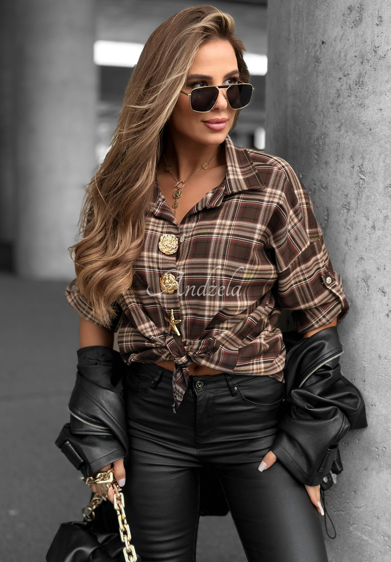 Asymmetrisches Oversize-Karohemd Wise Words schokoladenbraun-beige