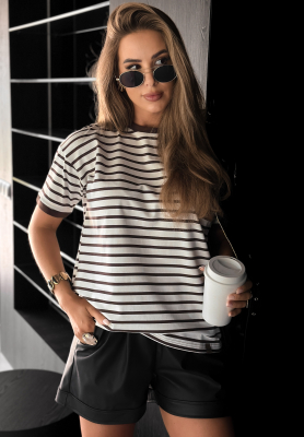 Gestreiftes T-Shirt Long Story weiß-Schokoladenbraun