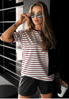 T-shirt w paski Long Story biało-burgundowy