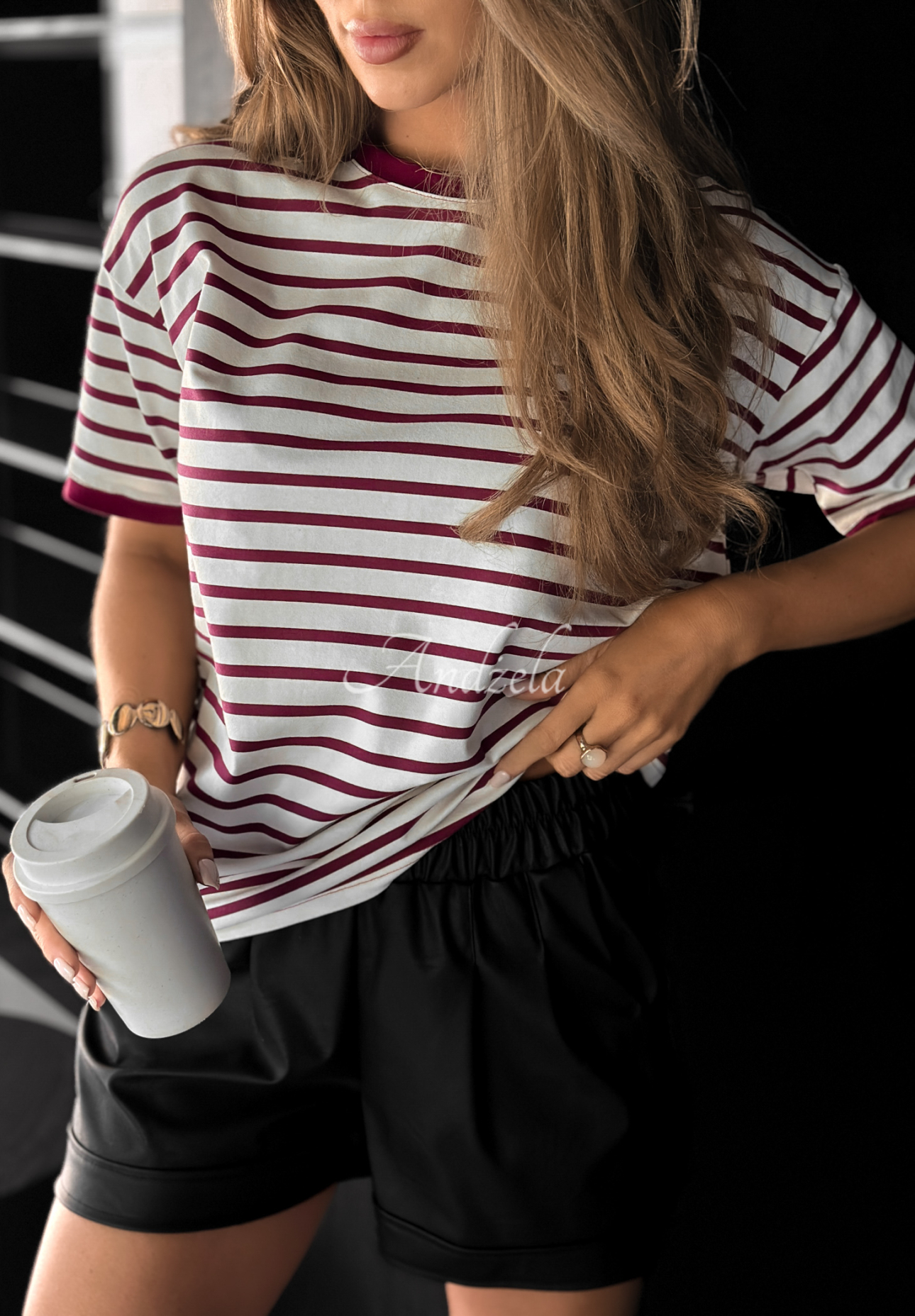 Long Story striped T-shirt white and burgundy