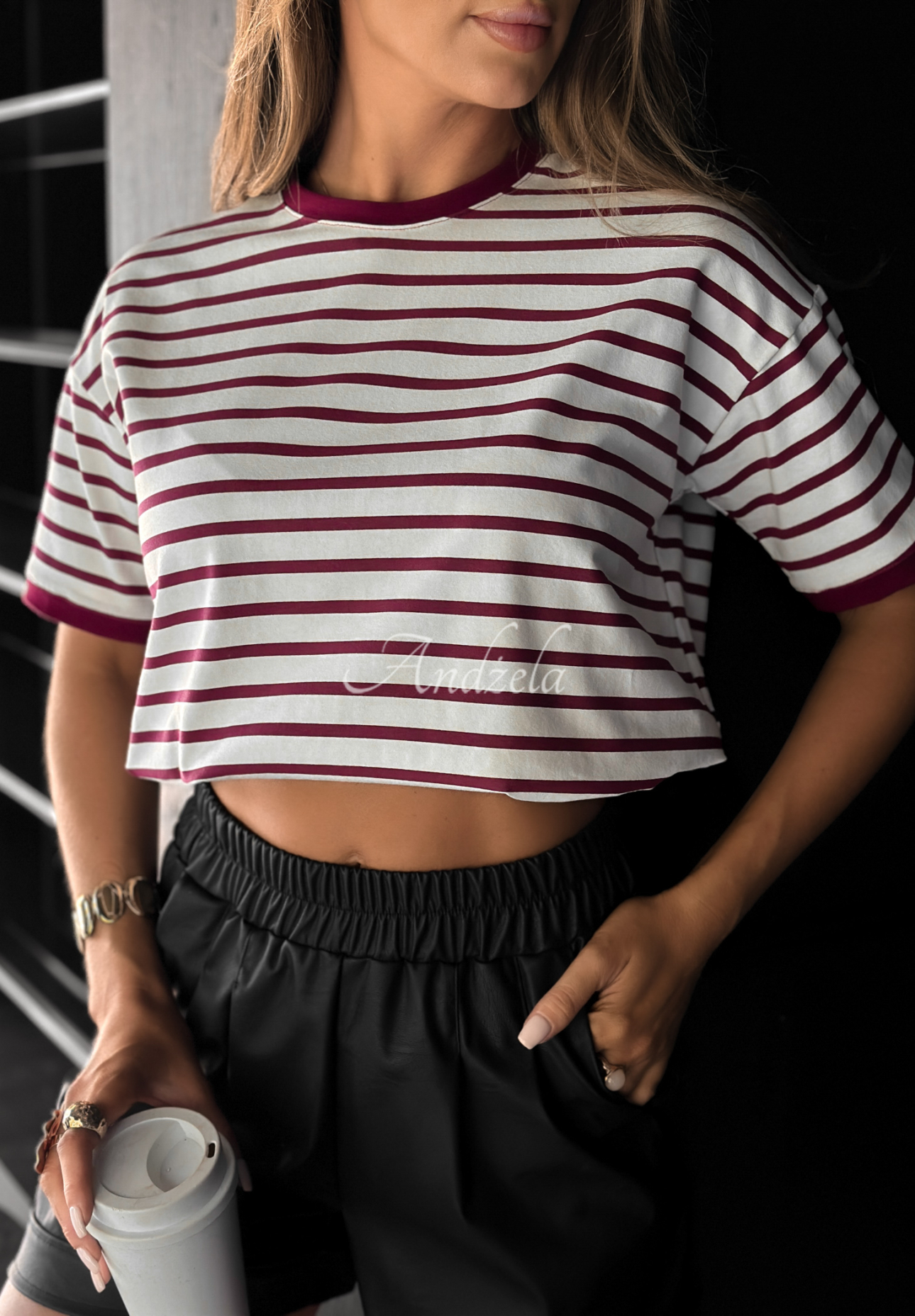 Long Story striped T-shirt white and burgundy