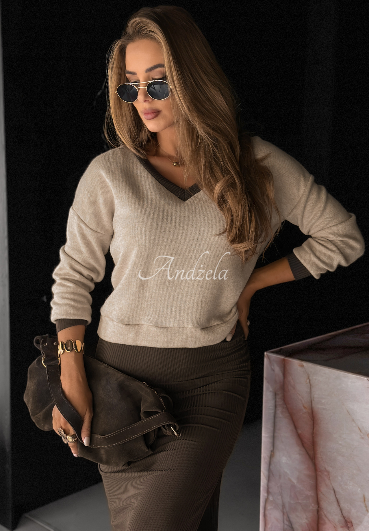 Set geripptes Kleid und Pullover Autumn Feelings Schokoladenbraun