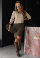 Komplet prążkowana sukienka i sweter Autumn Feelings czekoladowy