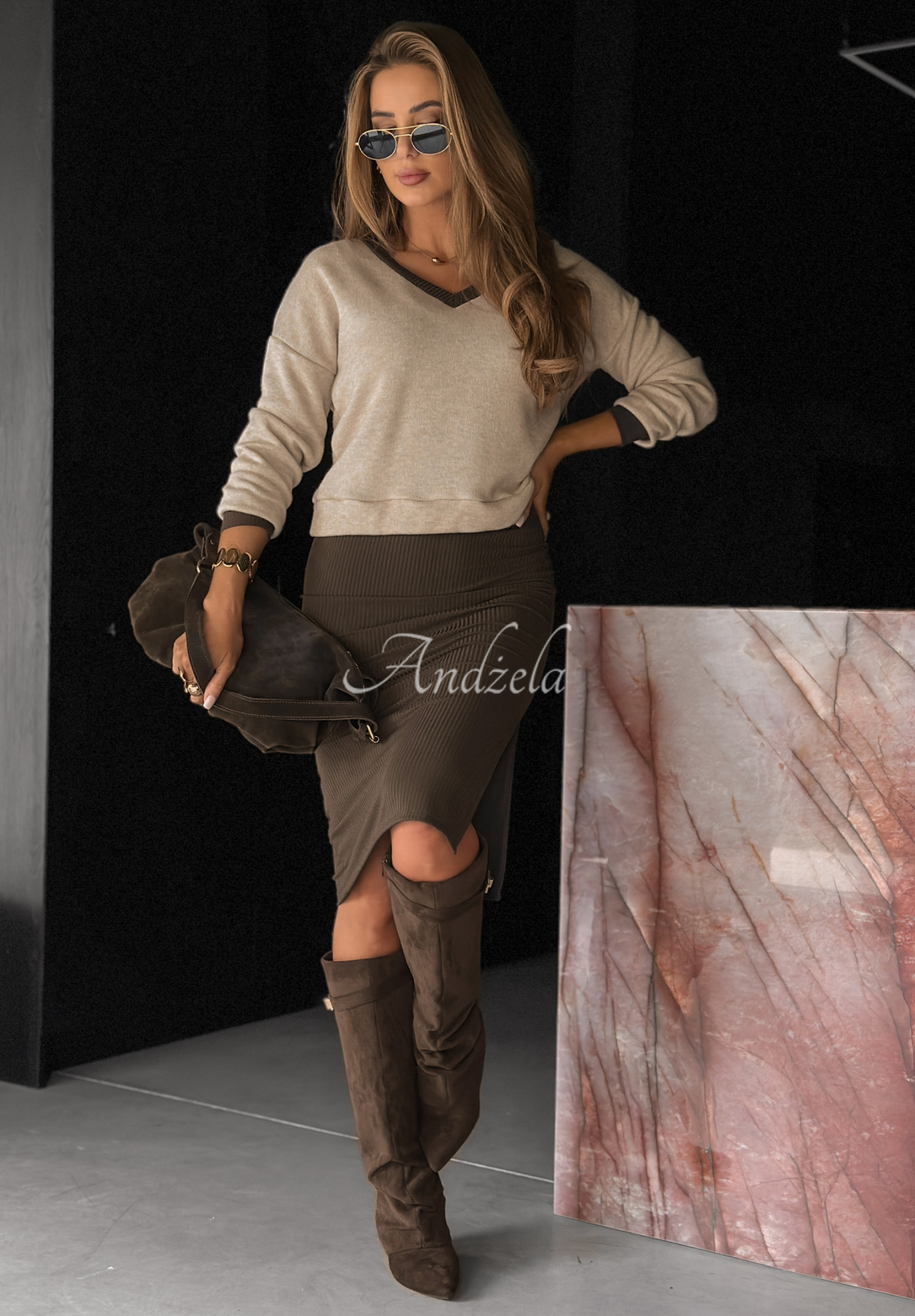 Set geripptes Kleid und Pullover Autumn Feelings Schokoladenbraun