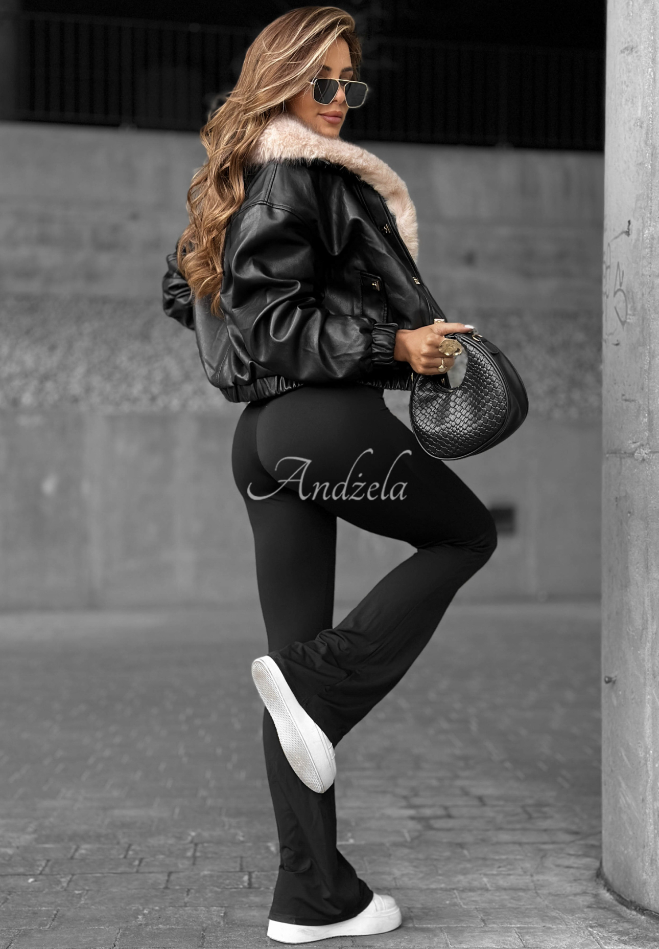 Lederjacke mit Pelz Time Disappears Schwarz