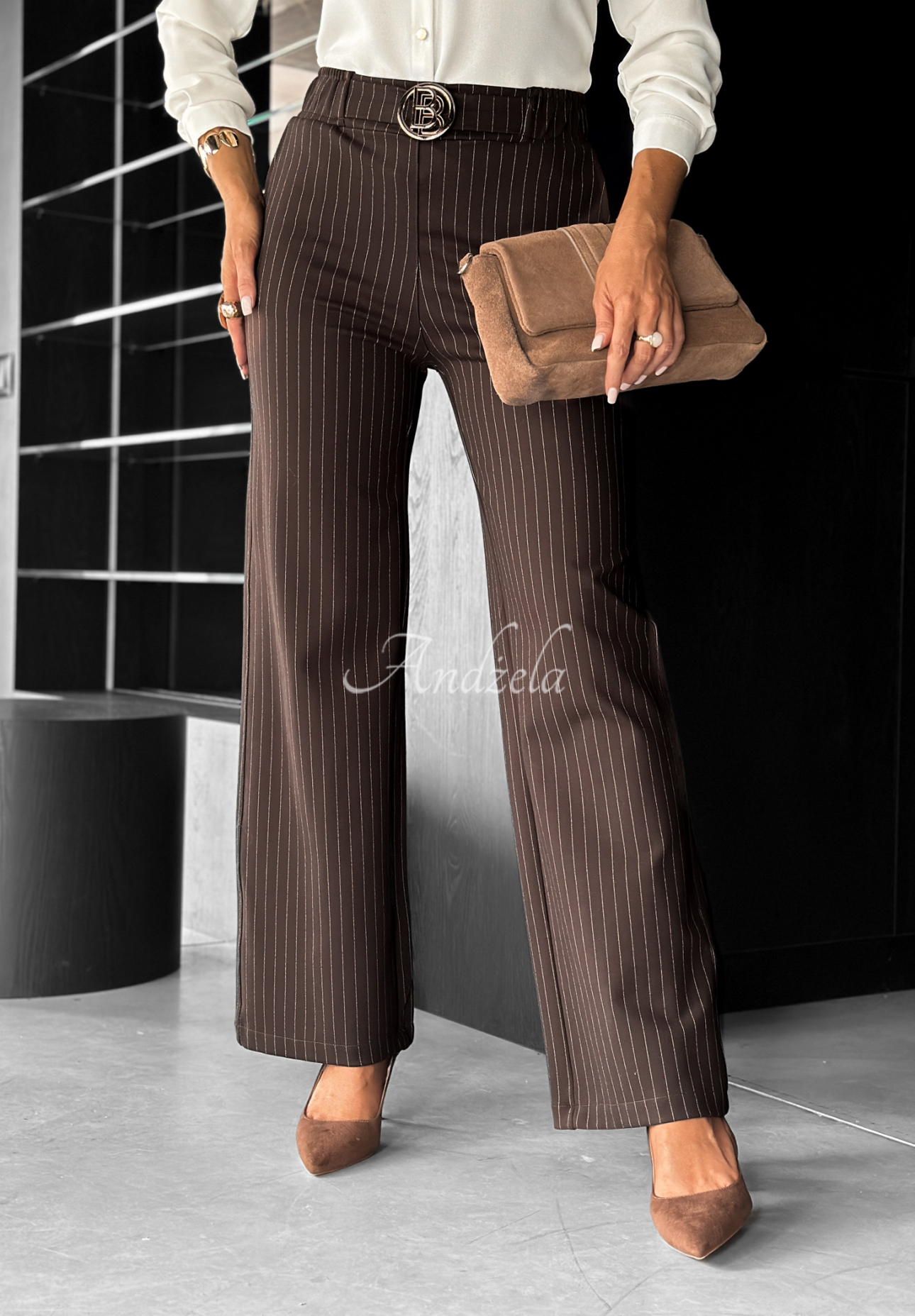 Elegante Wide Leg Hose mit Streifen One More Time Schokoladenbraun