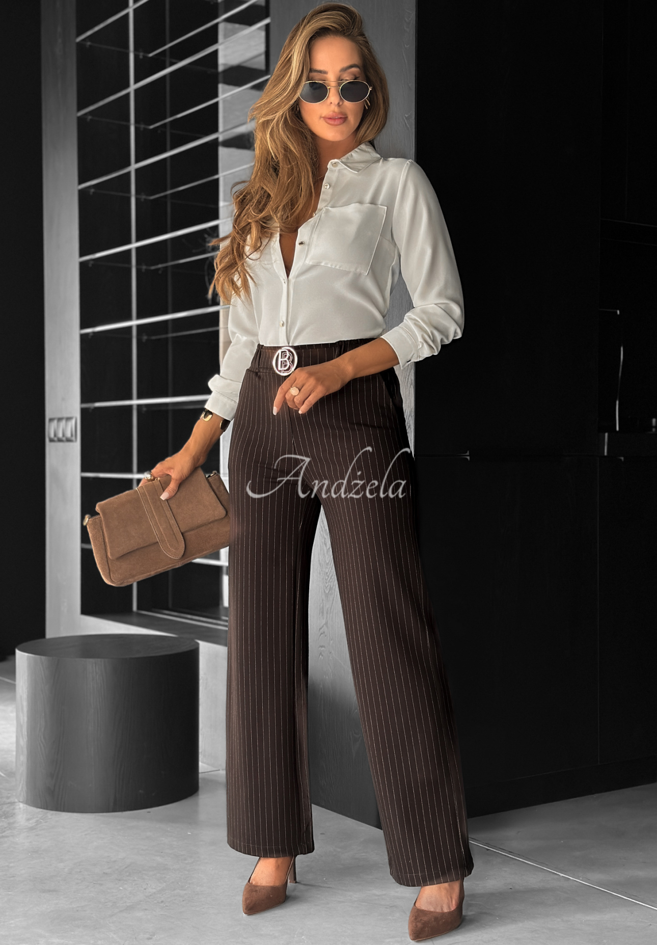 Elegante Wide Leg Hose mit Streifen One More Time Schokoladenbraun