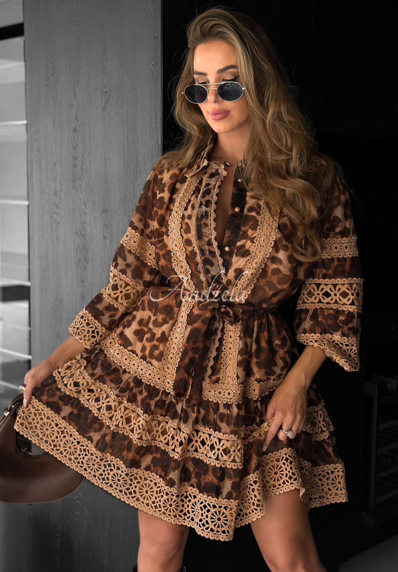 Kleid mit Leopardenmuster und Spitze Next Please Beige