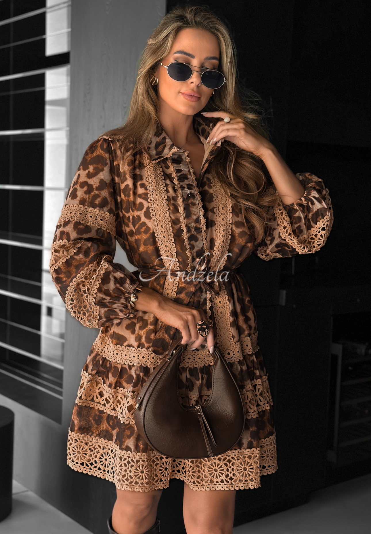 Kleid mit Leopardenmuster und Spitze Next Please Beige