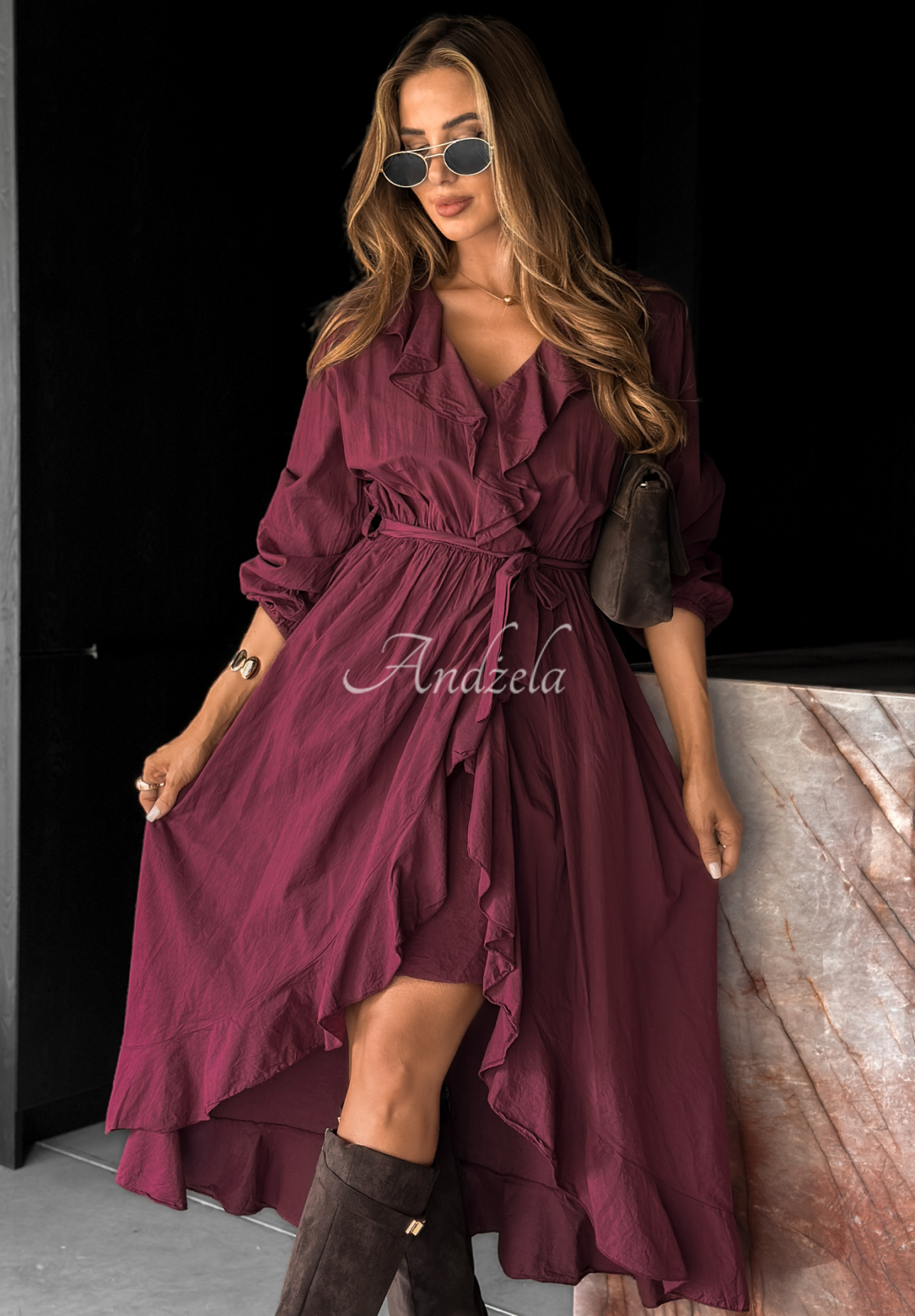 Midikleid mit Rüschen Waiting Again Burgunderrot