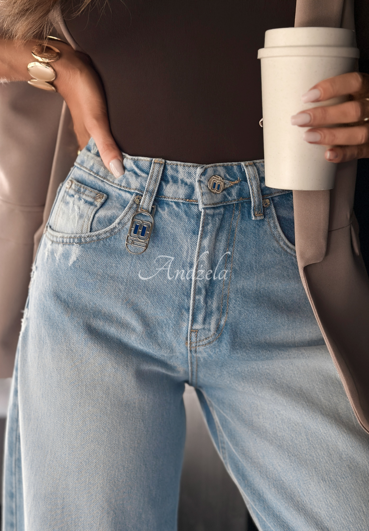 Denim wide leg pants with rubbed No One Asked blue