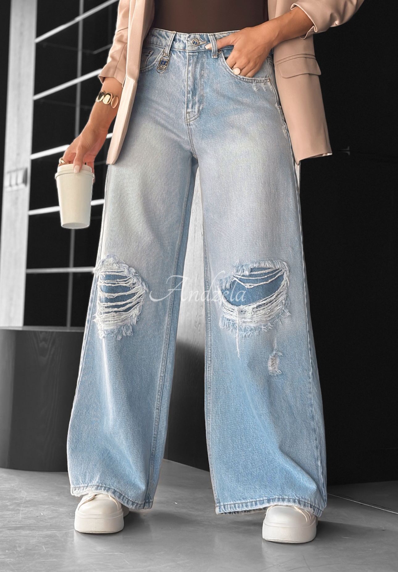 Denim wide leg pants with rubbed No One Asked blue