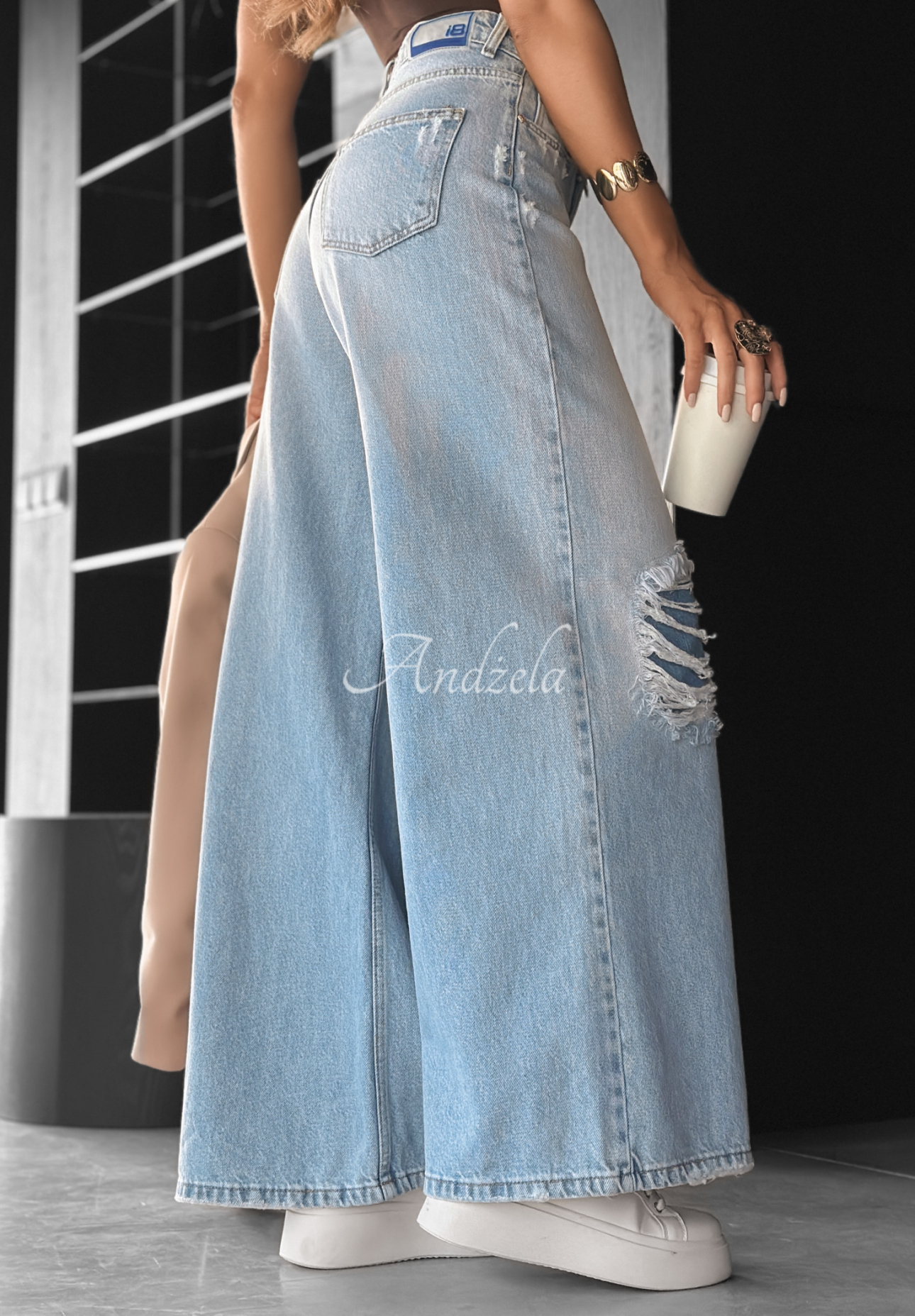 Denim wide leg pants with rubbed No One Asked blue