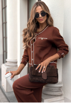 Elegancki Set 3w1 Bluse, Hose i Halstuch Your Turn Schokoladenbraun
