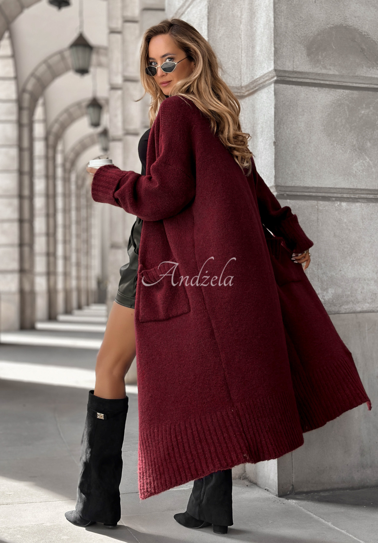Lange oversized Strickjacke mit Taschen Marbelio Burgunderrot