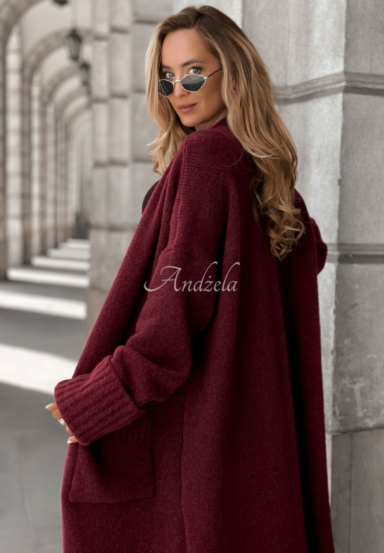 Lange oversized Strickjacke mit Taschen Marbelio Burgunderrot
